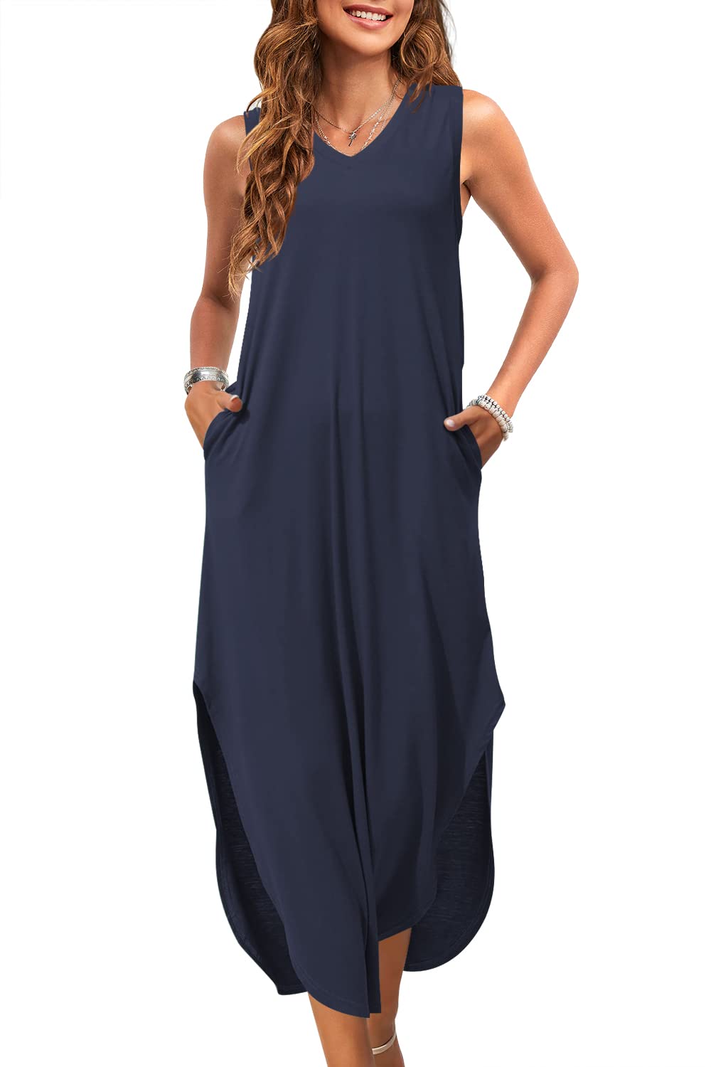 ReachMe Women's Casual V-Neck Side Split Sleeveless Long Maxi Dress with Pockets - Summer Beach Cover Up, Vacation Outfit, Boho Chic Party Dress