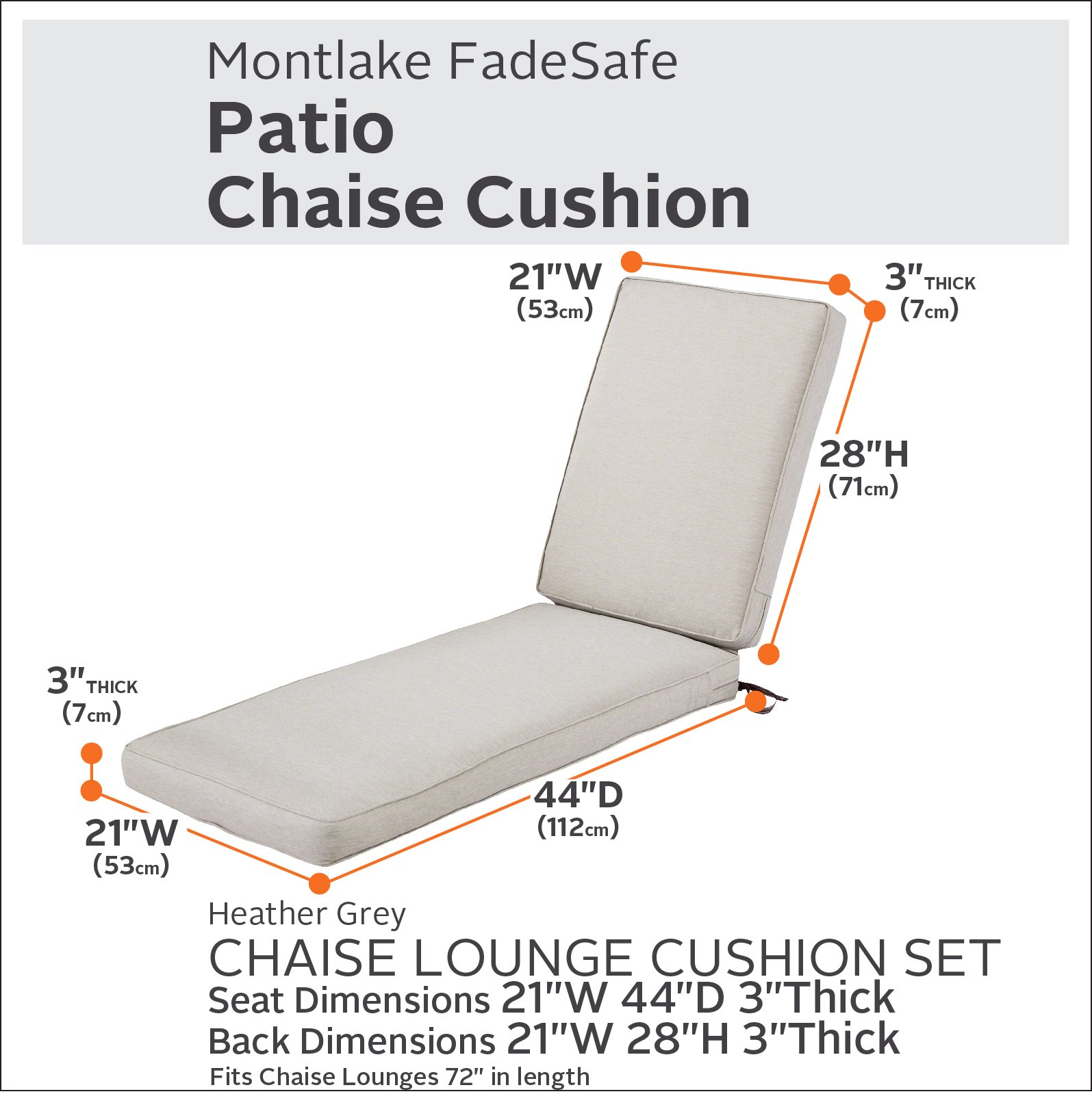 Classic Accessories Montlake Outdoor Chaise Lounge Cushion 72x21 - FadeSafe, Water-Repellent, Heather Grey - Perfect for Patio, Poolside, and Backyard Relaxation