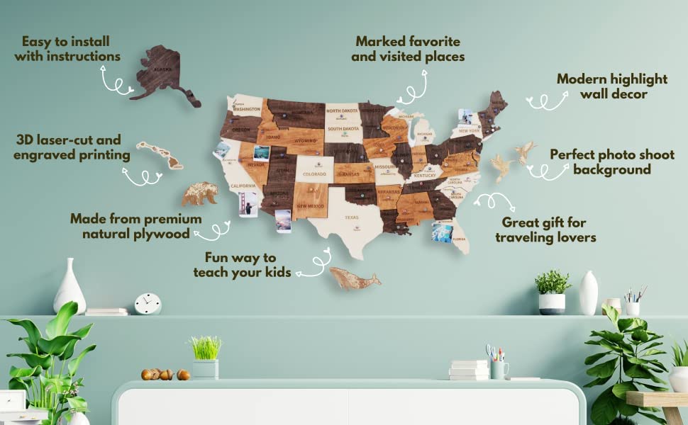 Jabihome 3D Wooden USA Map Wall Art - Large 60