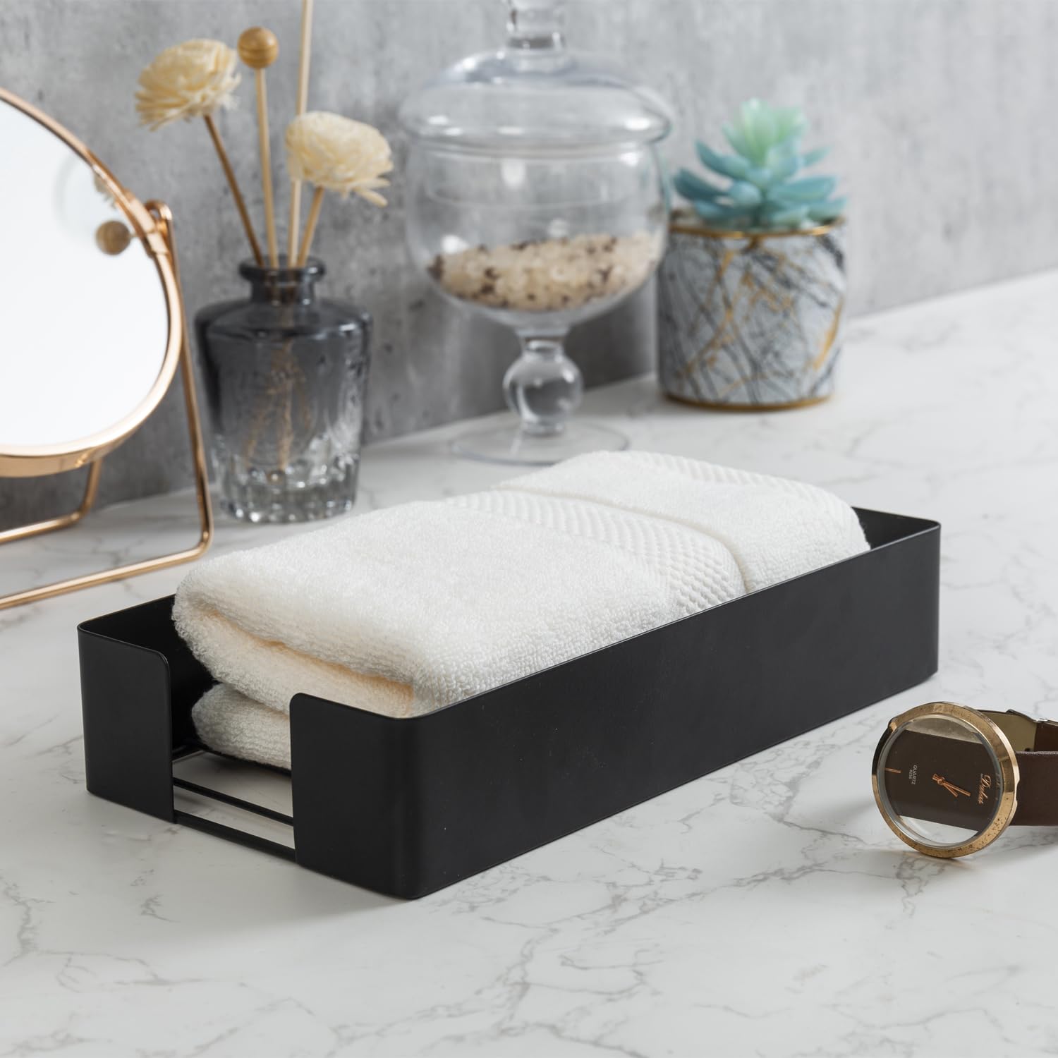 Modern Matte Black Metal Paper Towel Holder - Folded Napkin Storage Tray for Bathroom Vanity, Kitchen Counter & Office Sink | Commercial & Home Use | Space-Saving Design