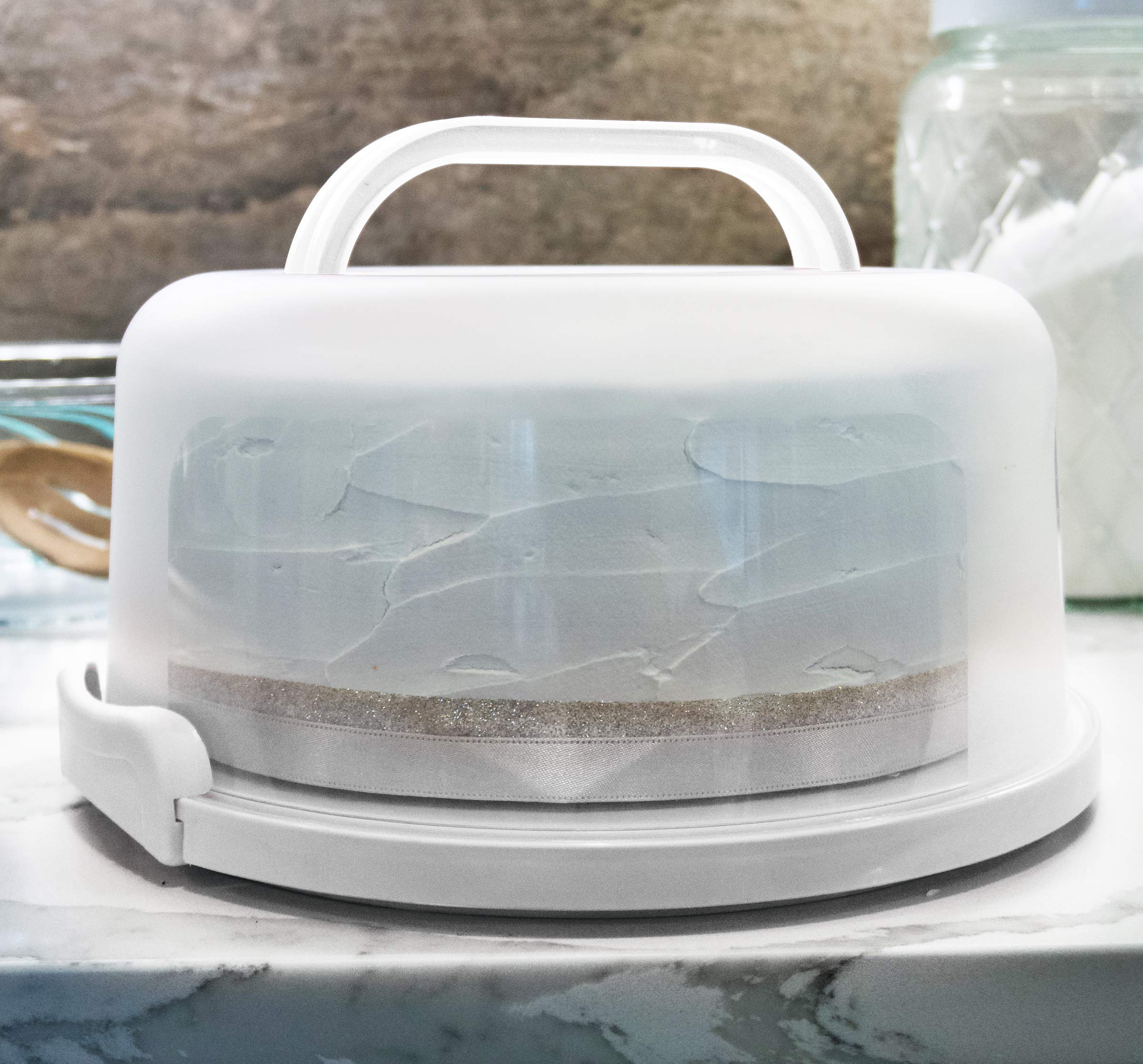 Premium Round Cake Carrier with Handle – 2-in-1 Cake Holder & 5-Section Serving Tray for 10 Inch Cakes & Pies | Portable White Cake Storage Box for Parties, Baking, Picnics & Catering Events