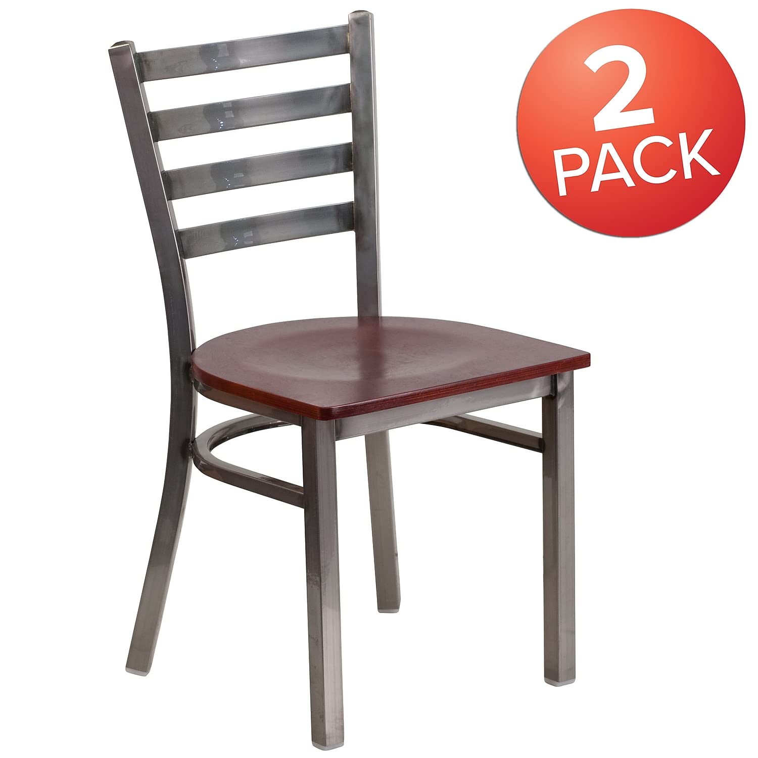 Flash Furniture 2-Pack HERCULES Series Metal Ladder Back Chairs - Clear Coated Mahogany Wood Seat for Restaurants, Cafes & Outdoor Dining | Commercial-Grade Stackable Seating Solution