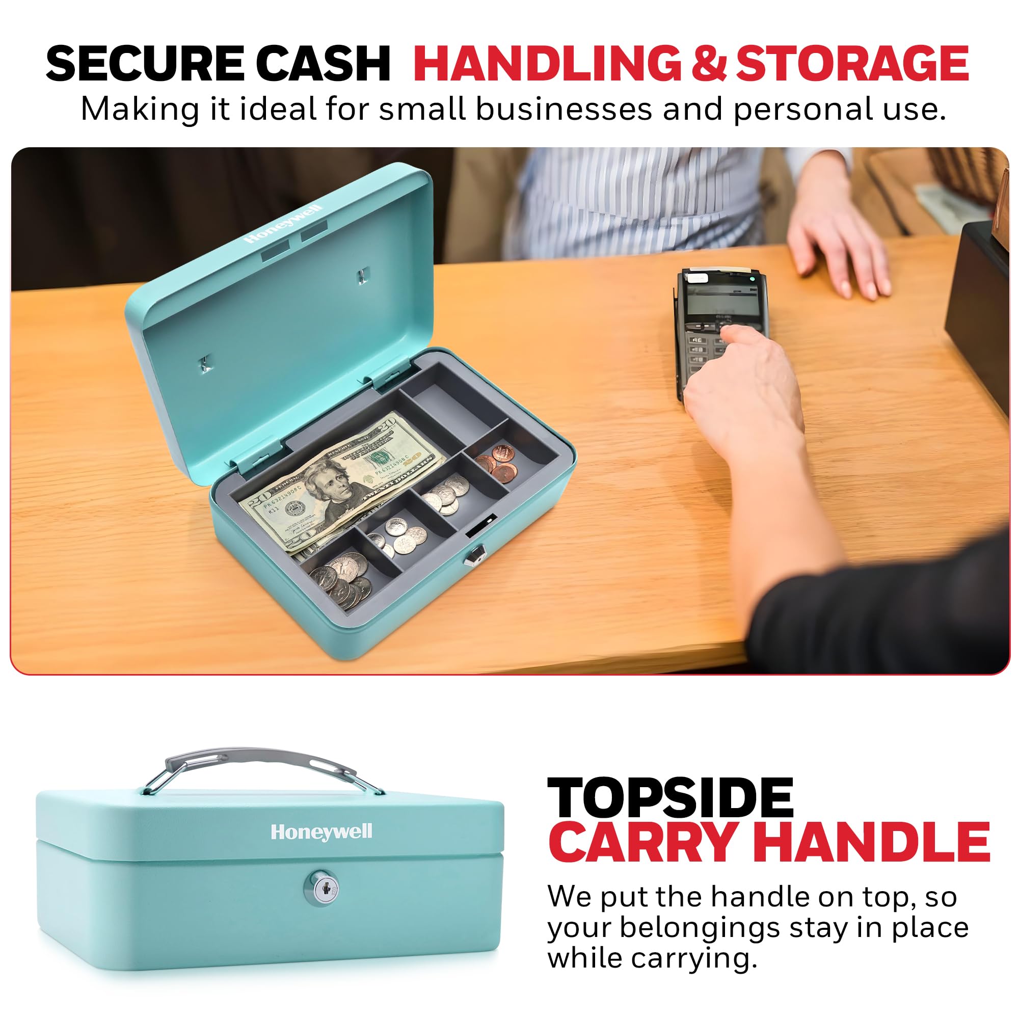 Honeywell Steel Security Cash Box with Key Lock - 0.14 CU Teal Money Lock Box - Includes 1 Removable Cash Tray & 5 Coin Slots - Durable & Scratch Resistant Safe for Home, Office, or Retail Use - Model 6112TL