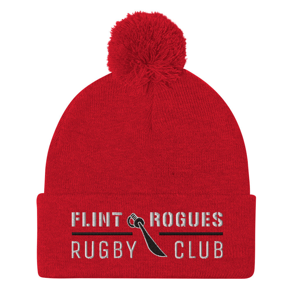 Flint Rogues RFC Pom Beanie - Winter Knit Hat for Men & Women - Soft Warm Skull Cap with Faux Fur Pom - Perfect for Snowboarding, Skiing, and Outdoor Activities