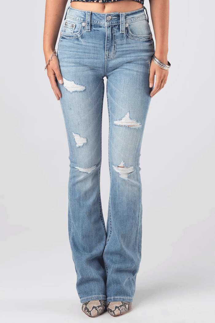 Miss Me H3636B42 Women's Classic Torn Bootcut Jeans - Light Blue Denim for Casual Wear & Everyday Outfits