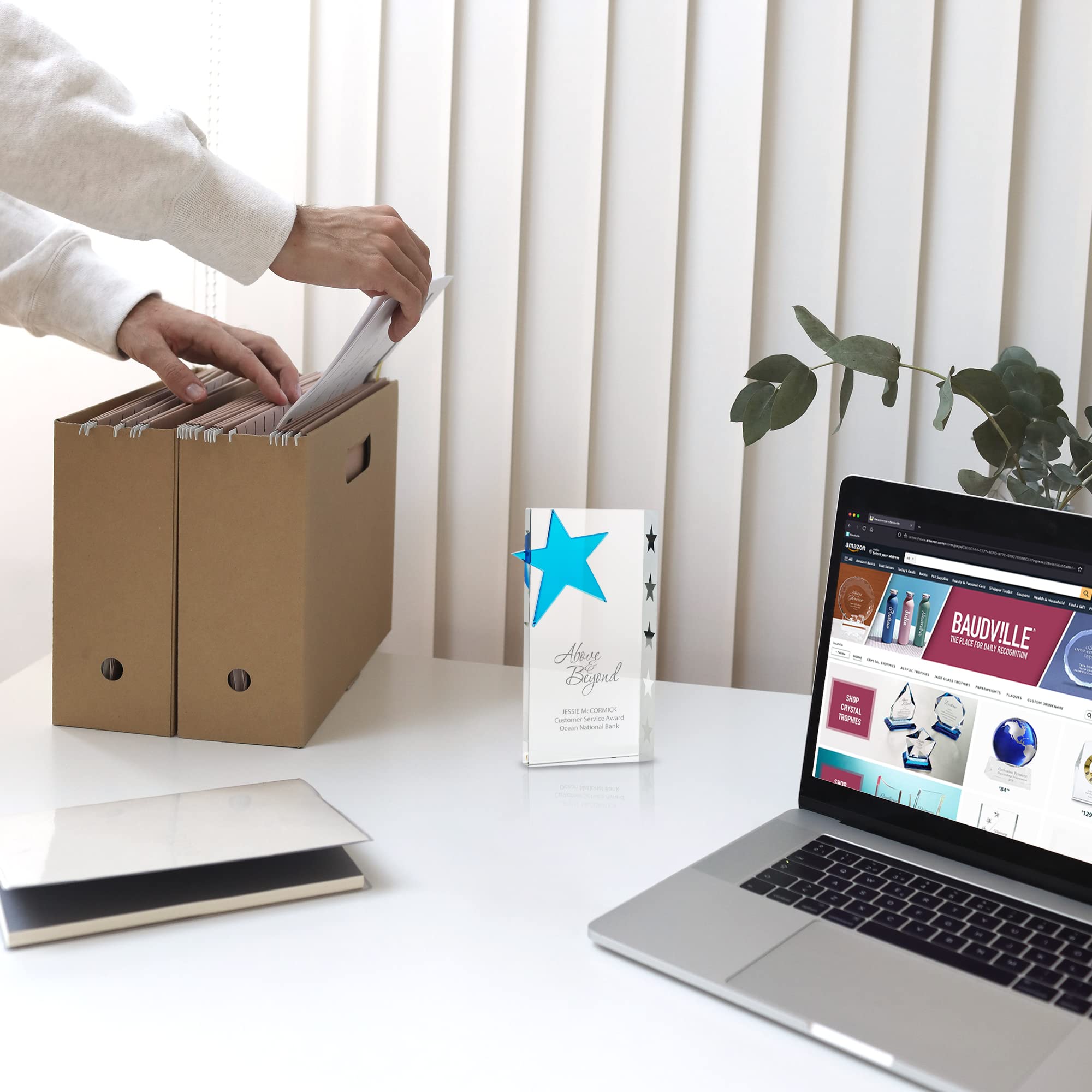 Baudville Engraved Crystal Trophy with Blue Star - Custom Employee Award with 3-Line Personalization - Elegant Round Design in Gift Box - Perfect for Recognition Ceremonies, Corporate Awards & Retirement Gifts