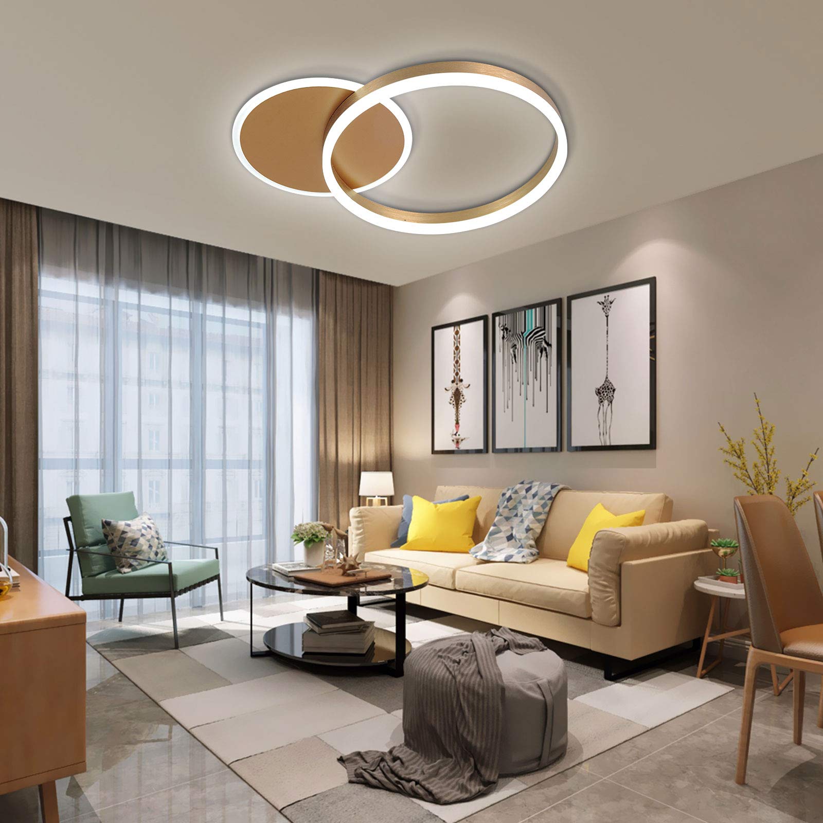 Modern 37W LED Chandelier Ceiling Light - Brushed Gold Aluminum & Acrylic 2-Ring Design, 6000K Daylight White - Perfect for Bedroom, Dining Room & Living Room Lighting | Dimmable Energy-Saving Fixture for Home & Office Decor