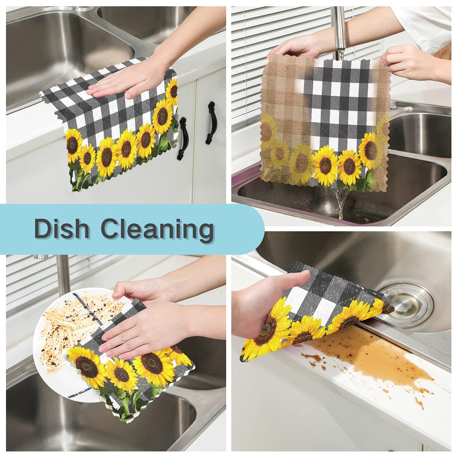 Buffalo Check Dishcloths 6-Pack - Black White Sunflower - Reusable Kitchen Towels for Dishes & Cleaning