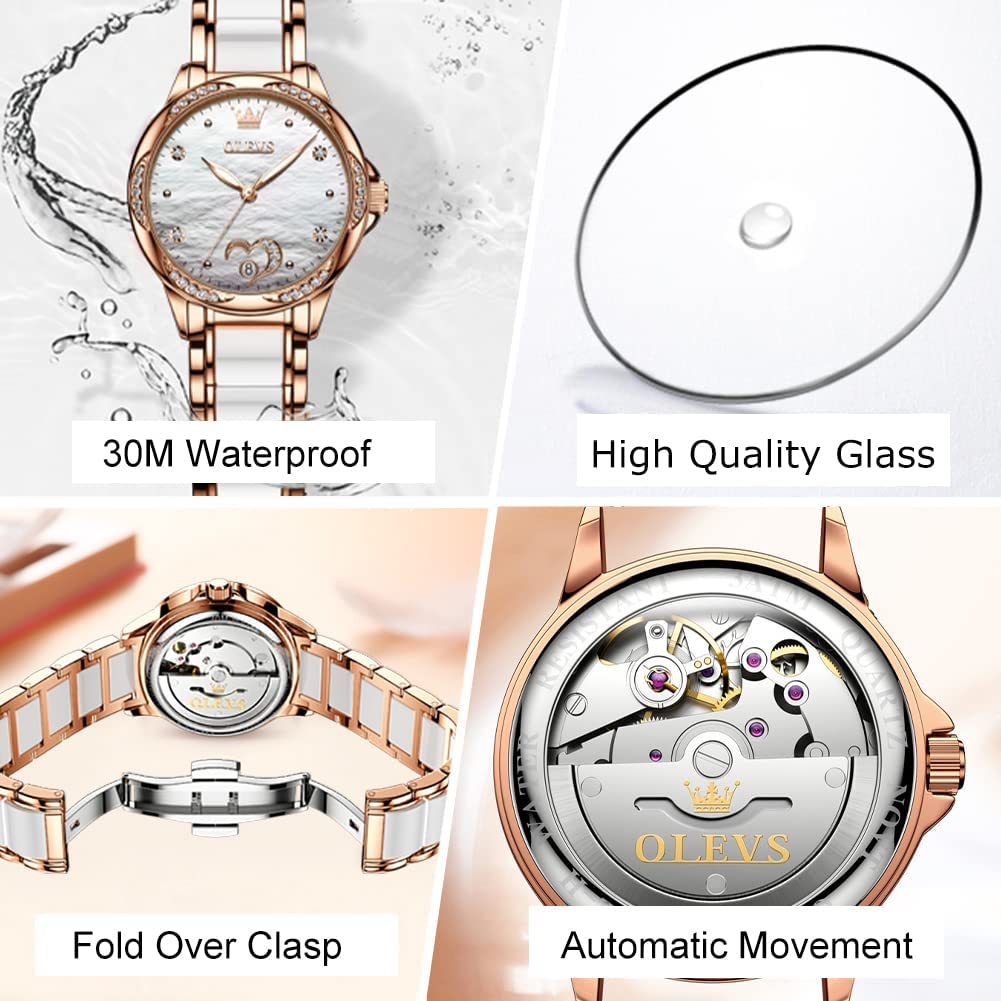 OLEVS Women's Automatic Watch - Premium Large Face Diamond Accented Self-Winding Dress Watch with Two-Tone Stainless Steel & Ceramic Bracelet, Waterproof & Fashionable - Perfect for Business, Party & Everyday Wear