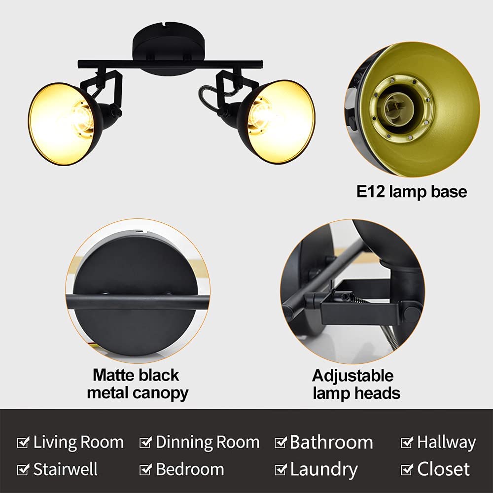 DLLT Industrial Track Light - Black Metal Retro Ceiling Track Lighting Fixture with 2 Adjustable Spotlights for Kitchen, Bedroom, Dining Room, Office & Closet | Modern Home & Commercial Lighting Solution