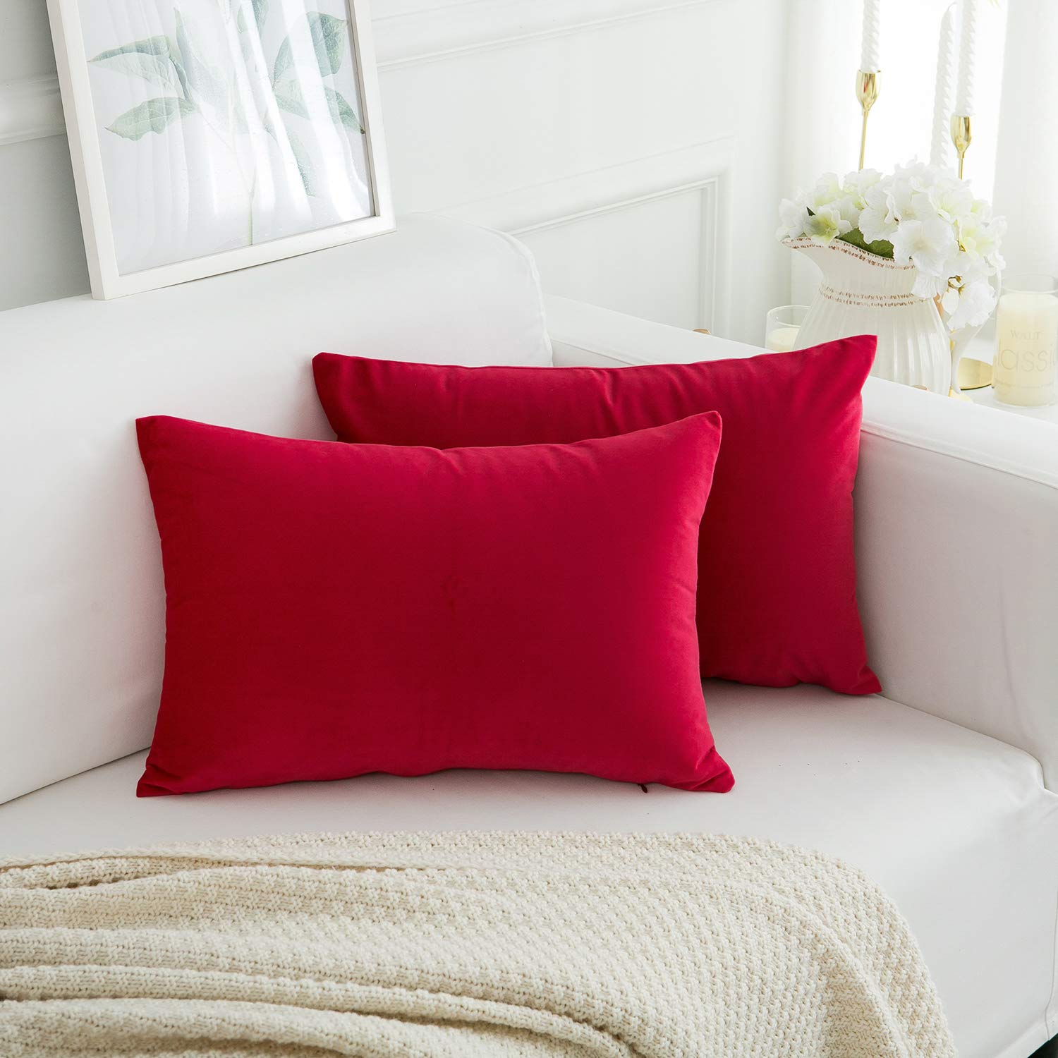 RainRoad Velvet Decorative Throw Pillow Covers Set of 2 - 12x20 Inch Soft Square Red Cushion Covers for Sofa, Couch, Bed & Chair - Perfect for Living Room Decor, Bedroom Accents & Home Styling