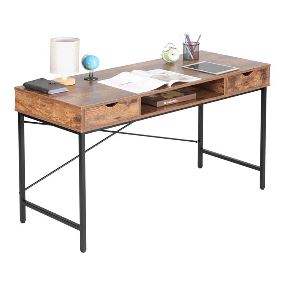 JJS 48-Inch Modern Writing Desk with Storage Drawers - Rustic Brown Home Office Computer Workstation for Laptops | Perfect for Small Spaces, Remote Work & Study Areas