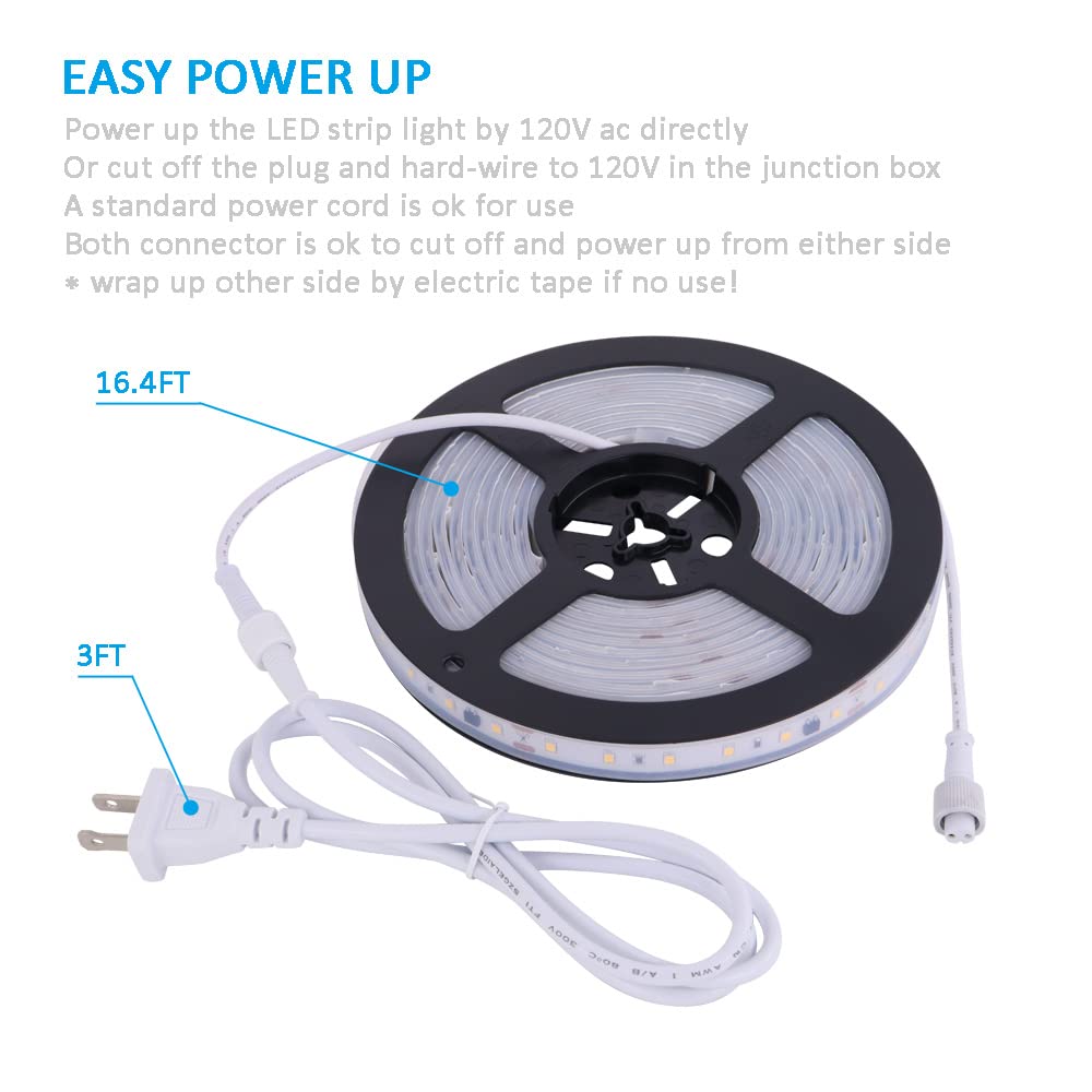 120V LED Strip Light Dimmable by Wall Dimmer Switch, Waterproof IP65, No Need LED Driver, Warm White 2800K 110V LED Rope Light, 300 LED 16.4ft LED Tape Light 115V Under-Cabinet Light Flexible - Perfect for Kitchen, Bedroom, Living Room, and Outdoor Lighting Decorations