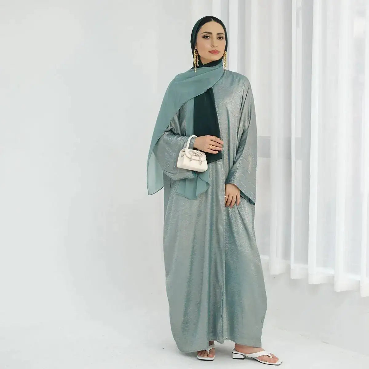 Shiny Beaded Cardigan Open Abaya Dress - Elegant Muslim Women's Cover-Up for Weddings, Parties & Special Occasions