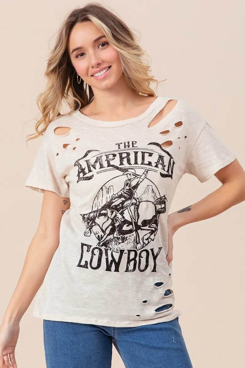 BiBi Cotton Slub Laser Top - Vintage American Cowboy Graphic Tee for Men & Women | Casual Streetwear, Western Style Fashion, Music Festival Outfit