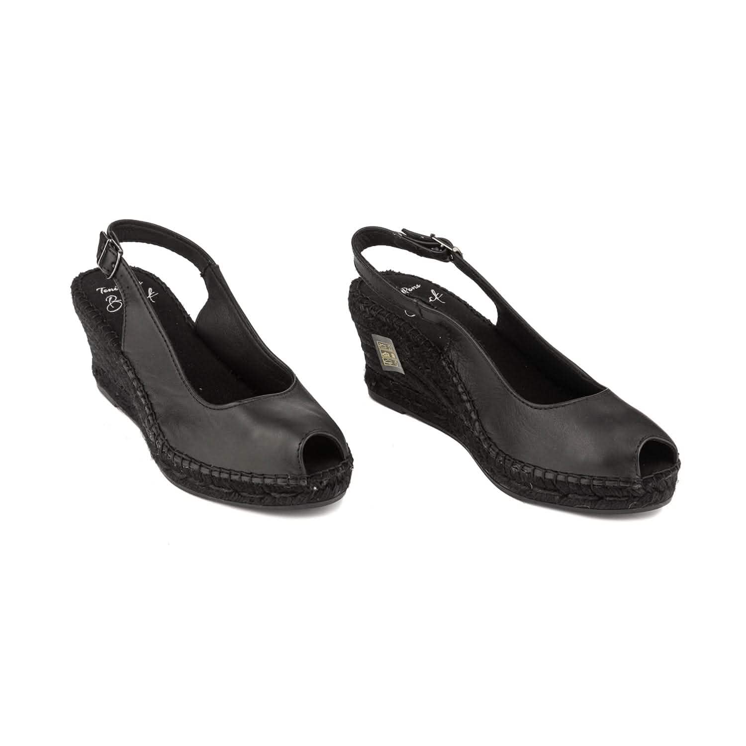 Women's Black Leather Wedge Espadrille Shoes - Comfortable Slip-On Summer Sandals for Casual Outings & Beach Vacations | Croacia PBK