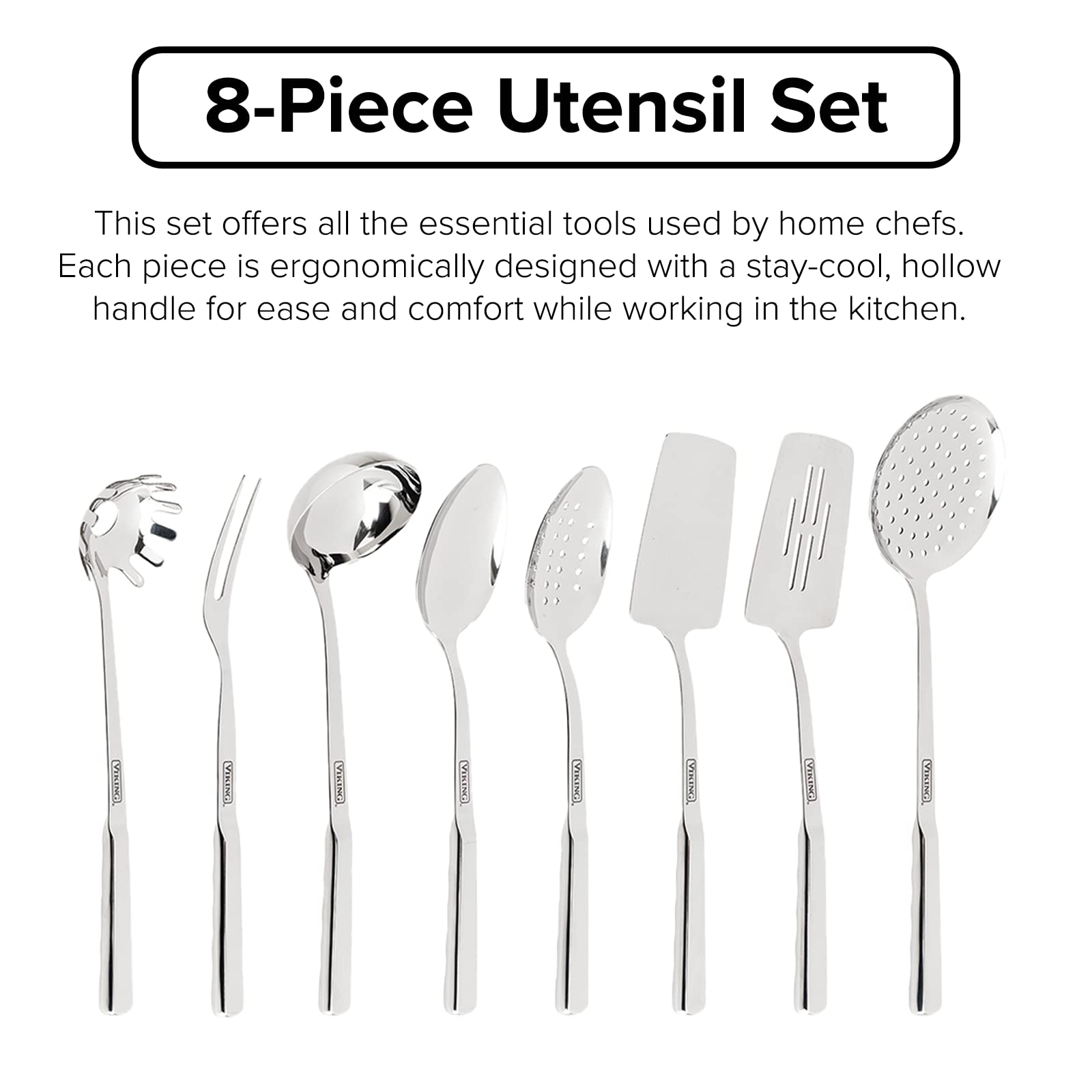 Viking Culinary 10-Piece 304 Stainless Steel Kitchen Utensil Set with Ergonomic Stay-Cool Handles & Mixing Bowls, Non-Slip Silicone Base - Perfect for Baking, Cooking, and Food Prep in Professional & Home Kitchens