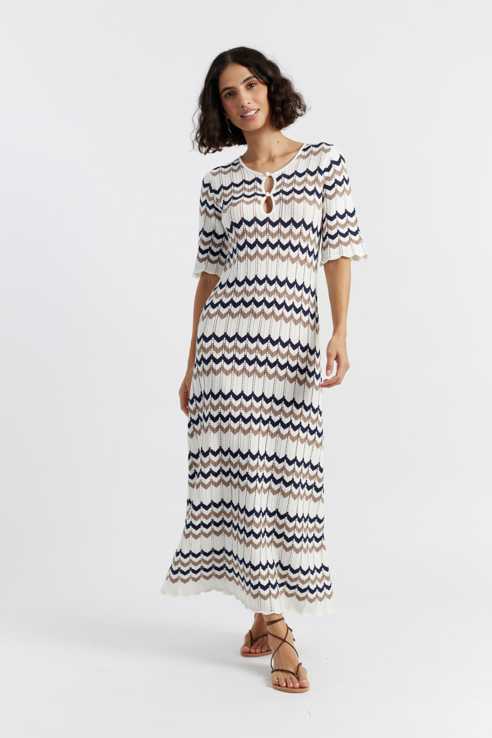 Navy Blue Cotton Chevron Stitch Dress for Women - Casual Summer Midi Dress for Beach, Vacation & Everyday Wear