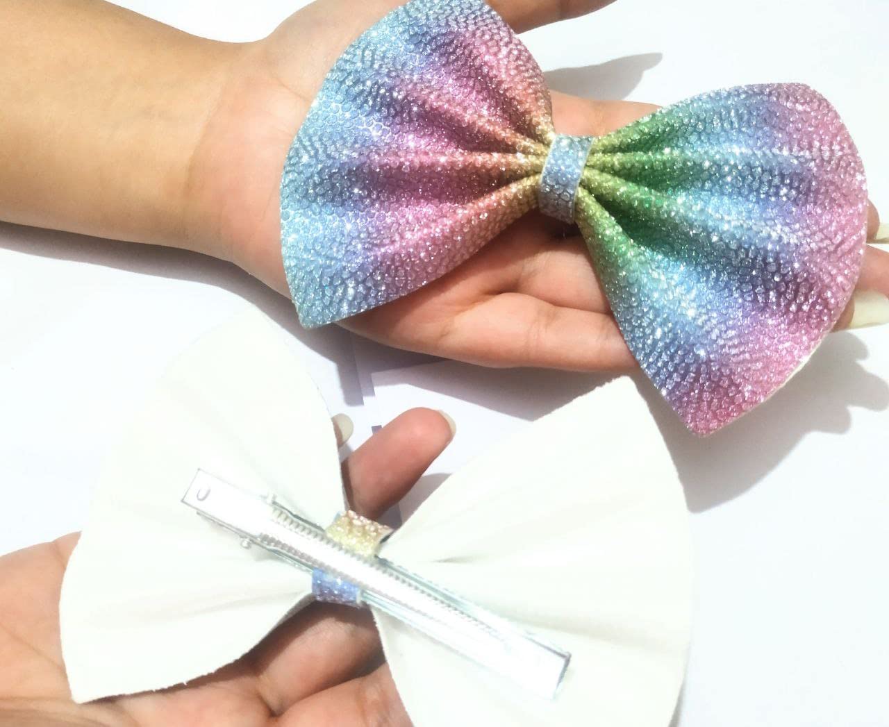 BRIKSHI Large Glitter Hair Bows for Girls & Women - Elegant Silk French Bow Hair Clips (2-Pack, Multi & Black) - Perfect for Parties, Weddings & Daily Fashion Accessories