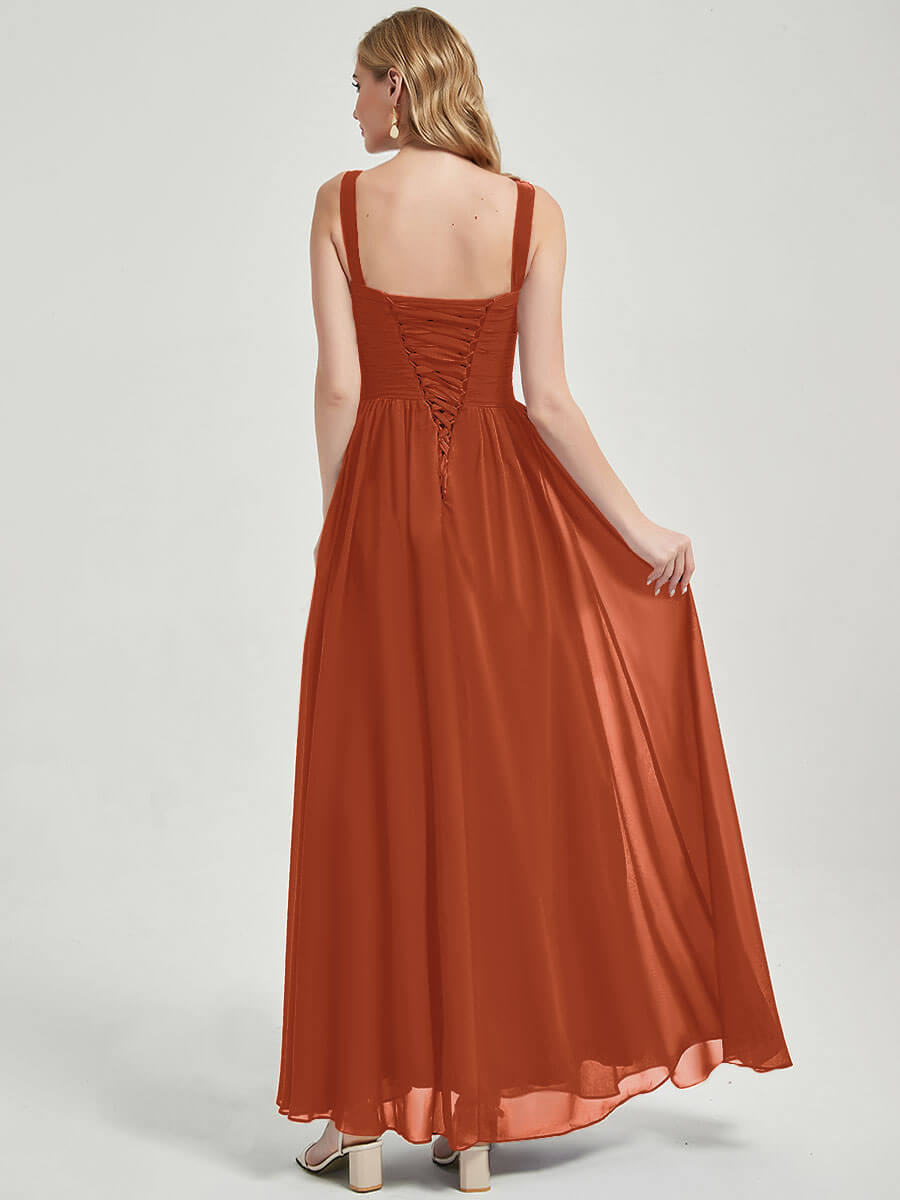 Elegant Burnt Orange Pleated Bridesmaid Dress - V-Neck Sleeveless with Wide Straps for Weddings, Parties & Formal Events