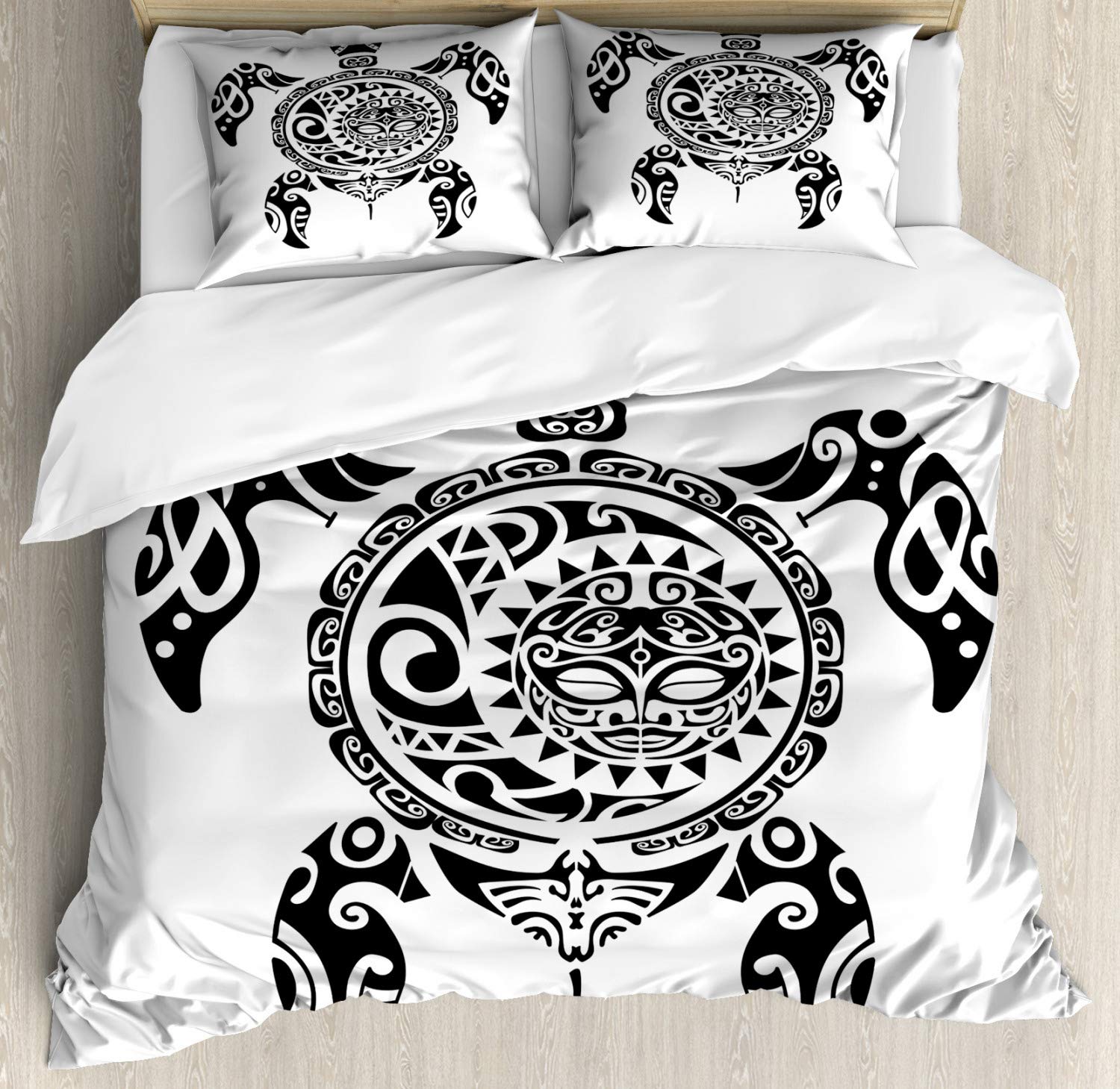 Ambesonne Turtle Duvet Cover Set - King Size 3 Piece Bedding with 2 Pillow Shams, Tribal Hawaiian Tropic Maori Tattoo Design in White and Black | Stylish Home Decor for Beach House, Boho Bedroom or Tropical Themed Rooms