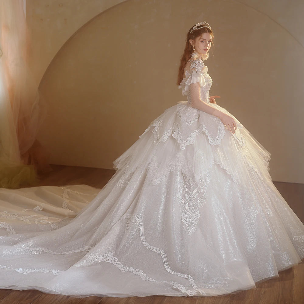 Elegant Organza O-Neck Long Sleeve Wedding Gown with Button Illusion Ruffles - Perfect for Bridal Ceremony, Formal Events & Romantic Photos