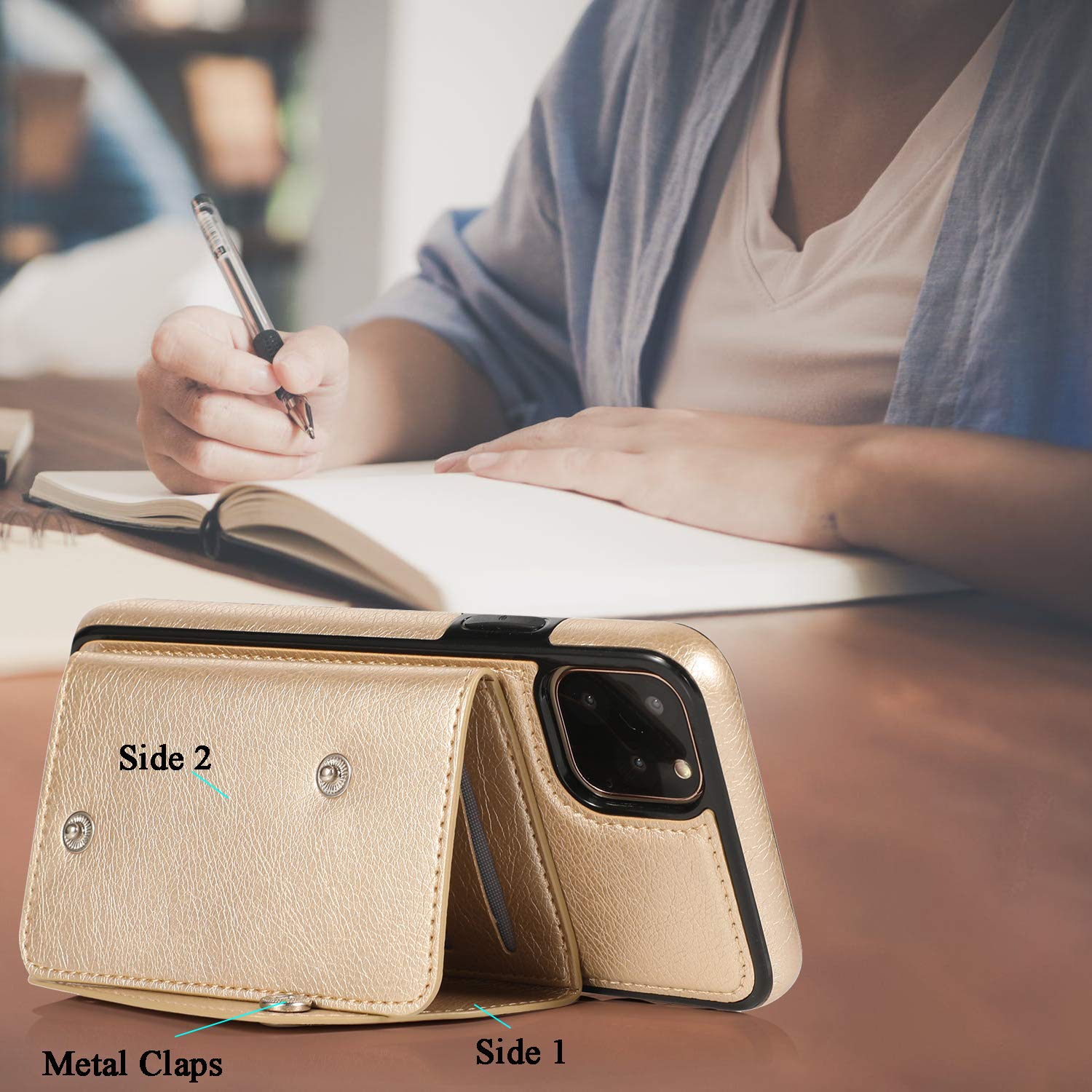 Premium PU Leather Wallet Case for iPhone 11 Pro Max - Card Holder with Neck Strap & Wrist Strap | Slim Protective Cover with Credit Card Slots | Perfect for Travel, Shopping & Everyday Use (Gold)