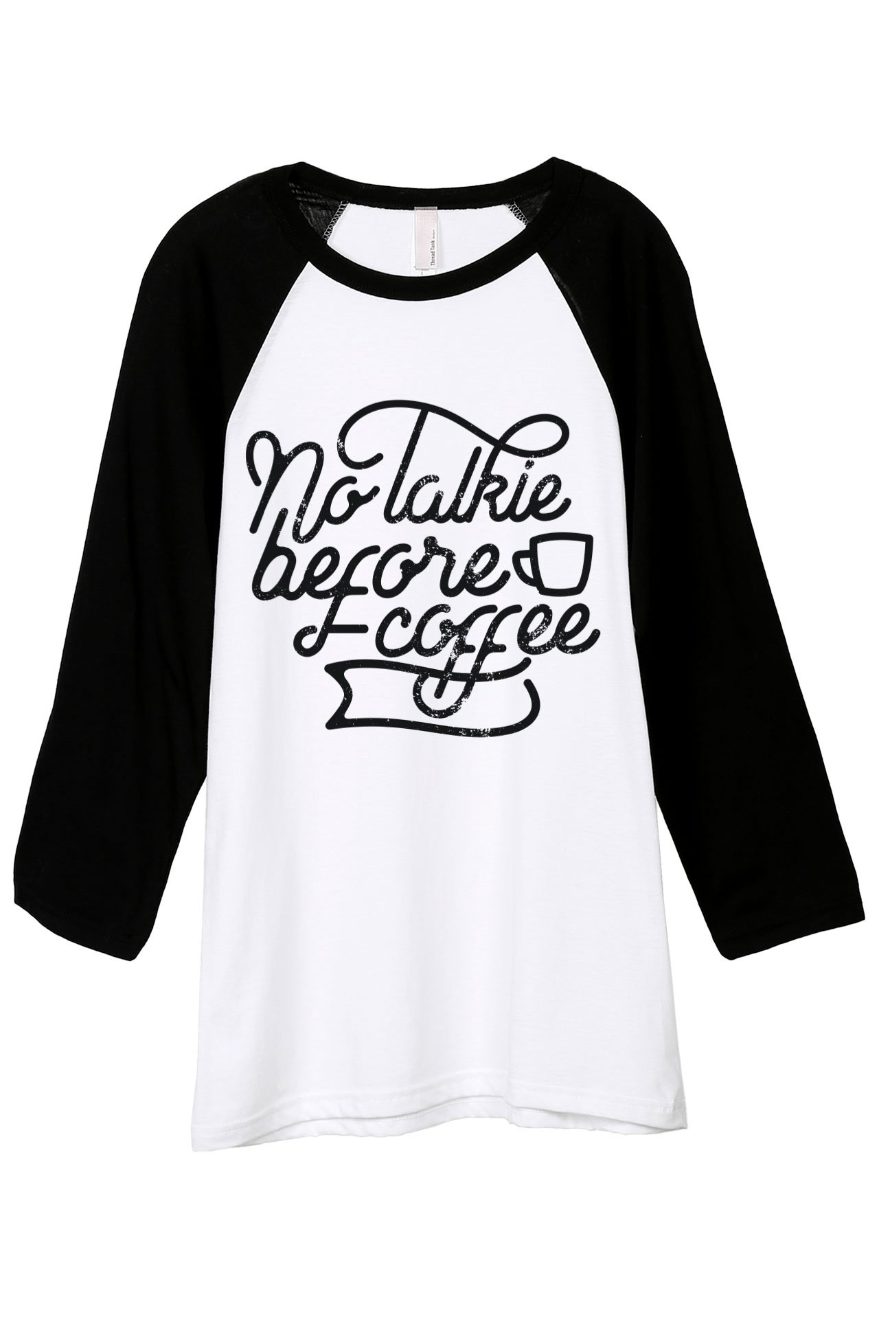 No Talkie Before Coffee Unisex 3/4 Sleeve Baseball Raglan T-Shirt - Soft Vintage Style Tee for Casual Wear & Coffee Lovers