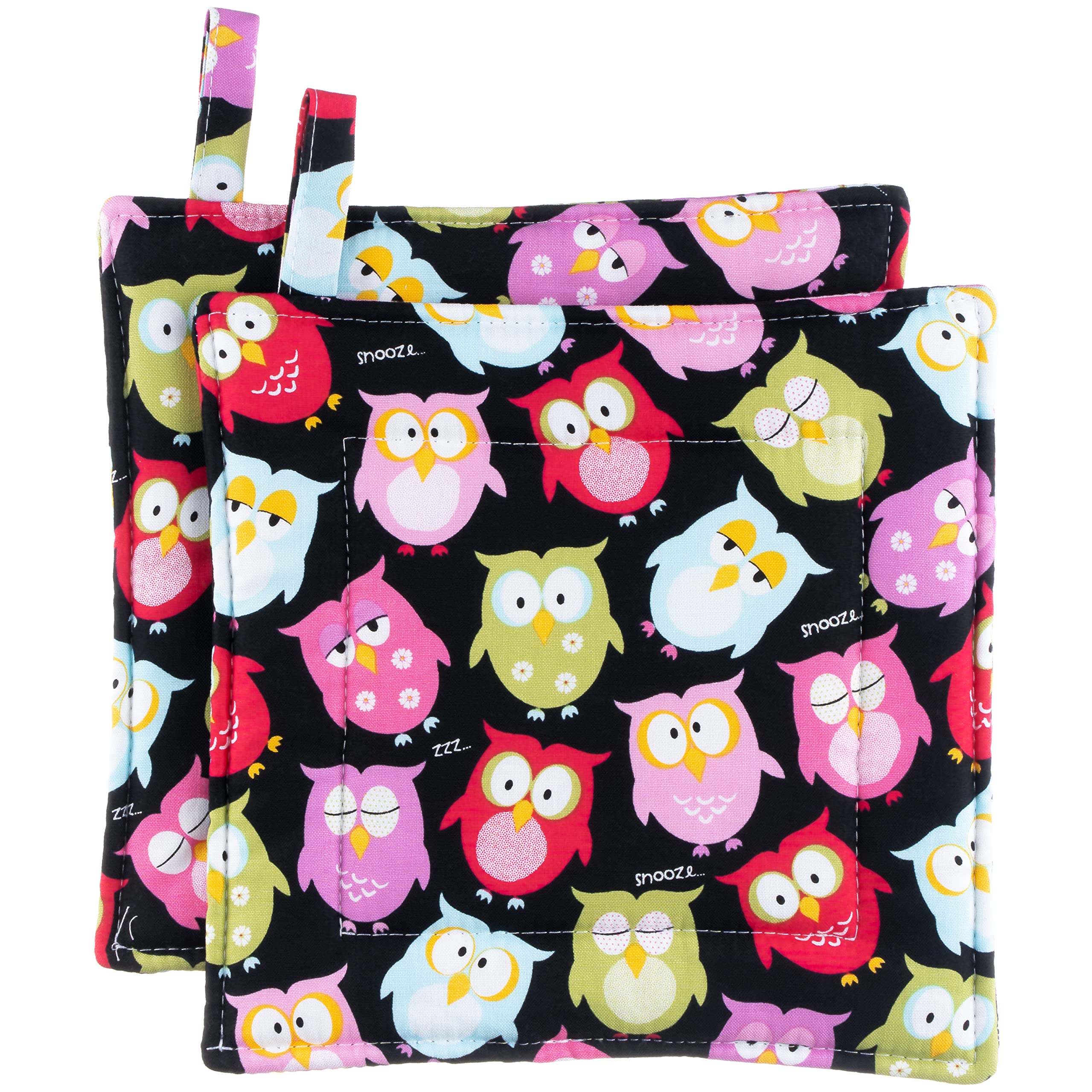 Bright Owls Pot Holder Set - 2 Quilted Heat Resistant Kitchen Potholders for Cooking, Baking & Decor | Cute Owl Design Oven Mitts for Women & Home | Perfect Housewarming & Holiday Gift Idea for Kitchen Lovers