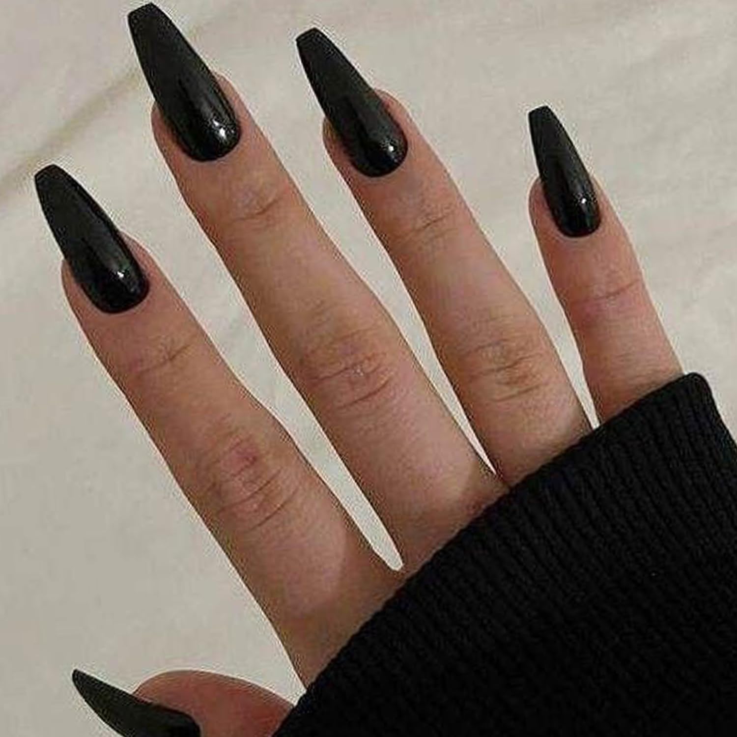 GLAMERMAID Black Press On Nails - Medium Coffin Shape, Long Fake Nails with Glossy Gel Polish | Reusable Stick on Nails Kit for Women & Girls | Perfect for Parties, Weddings & Everyday Wear