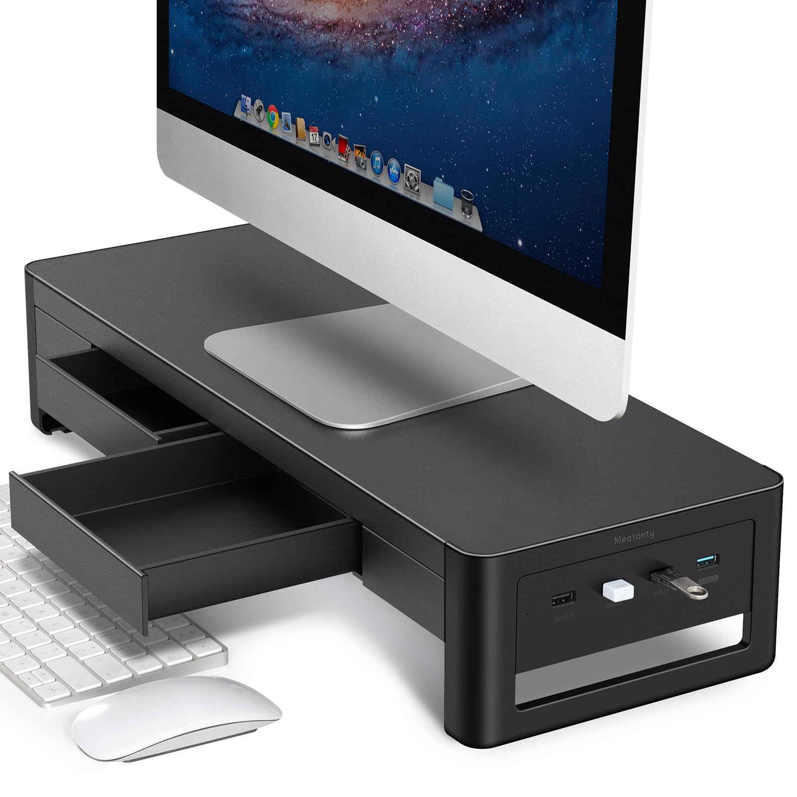 2-in-1 Metal Monitor Stand with Storage Drawers & 4 USB Hub - Adjustable Computer Riser for PC, Laptop, iMac - Perfect Desk Organizer for Home Office & Workspace