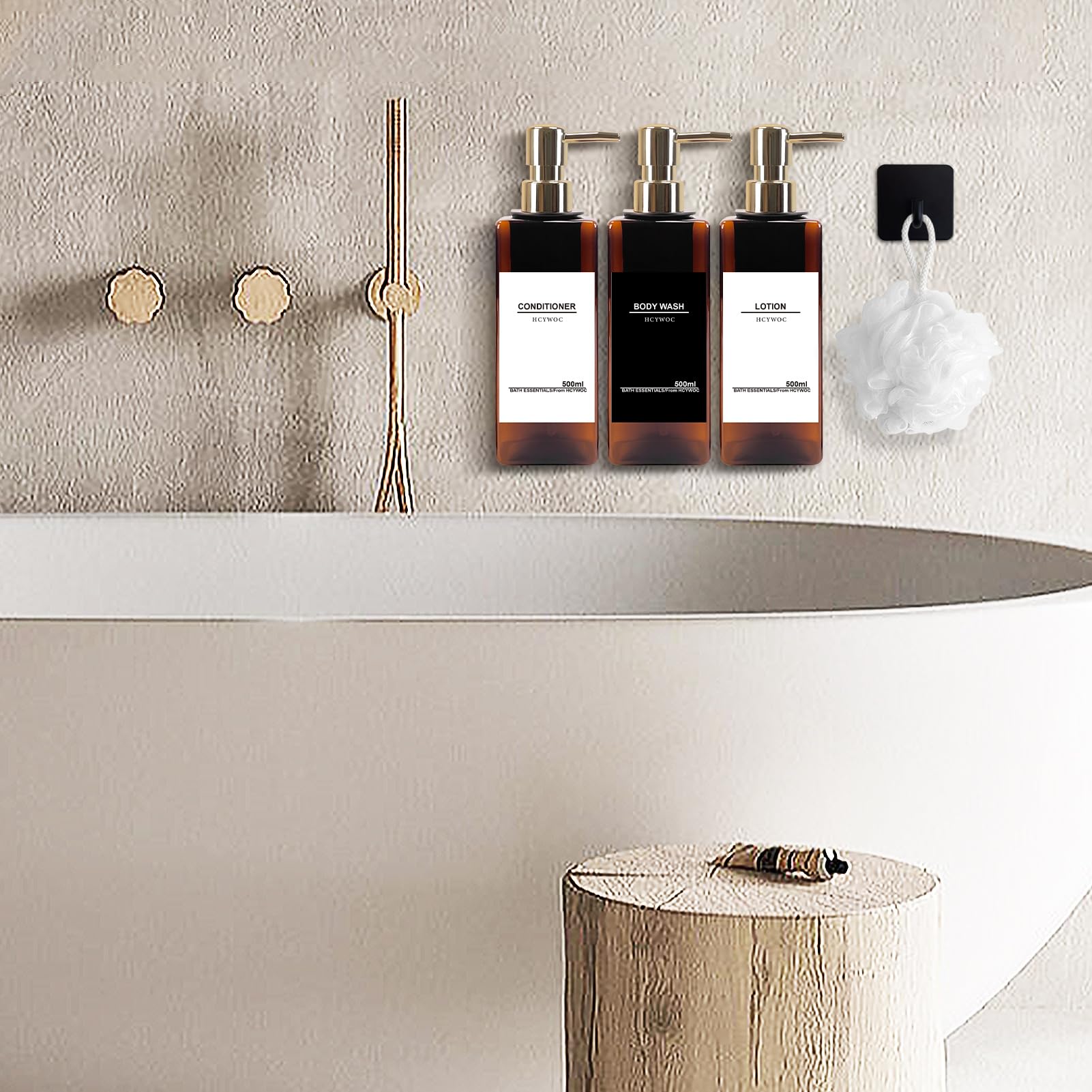 Wall Mounted Shampoo and Conditioner Dispenser for Shower - 3 Chamber No Drill Bathroom Soap Dispenser with 16 Waterproof Labels, 17oz Capacity in Gold Amber - Perfect for Spa-Like Showers, Guest Bathrooms & Organized Family Bathrooms