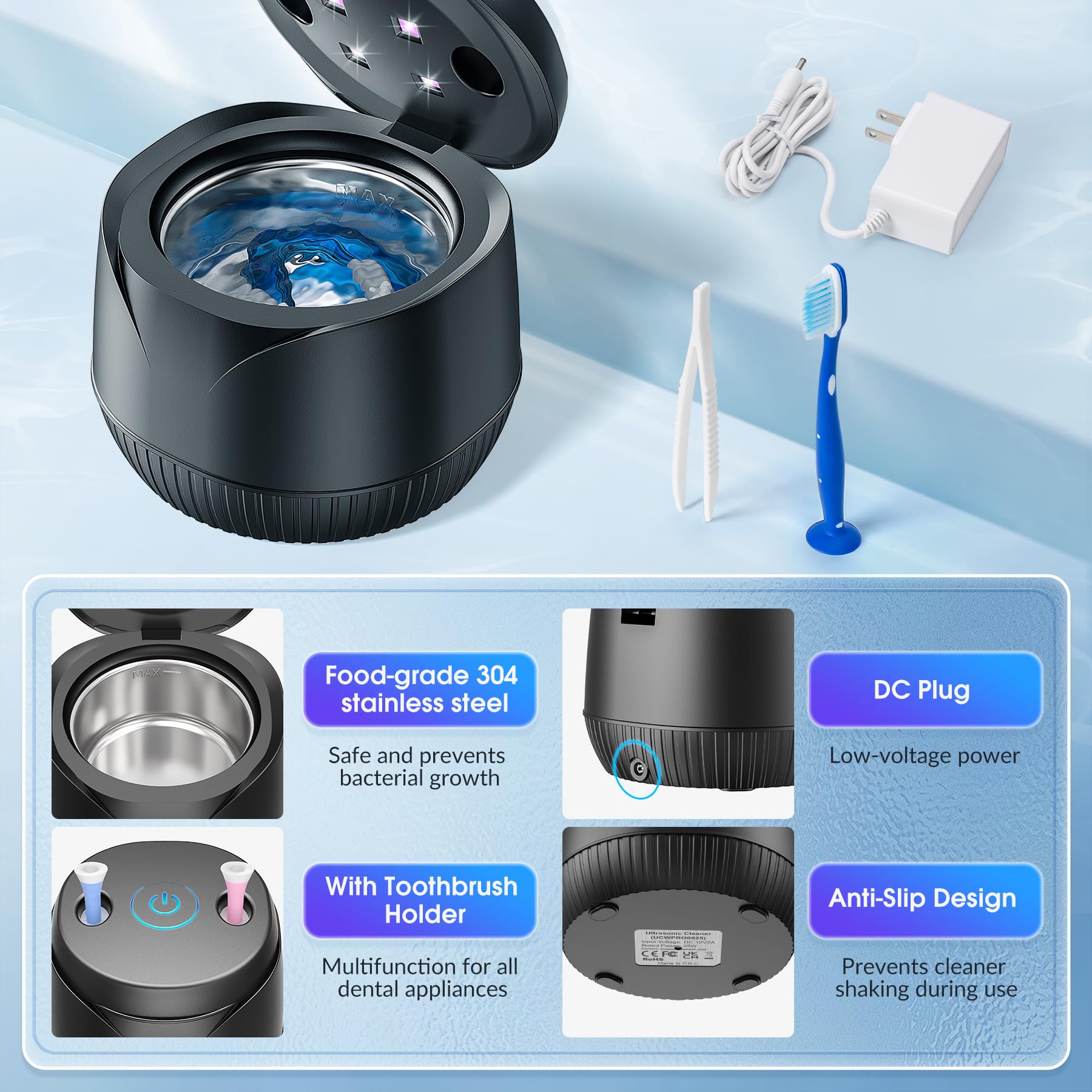 **Ultra Sonic Denture & Retainer Cleaner - Professional Dental Cleaning for Aligners, Mouth Guards, Night Guards - Fast & Effective Stain Removal (Black) | Perfect for Travel & Daily Oral Care**