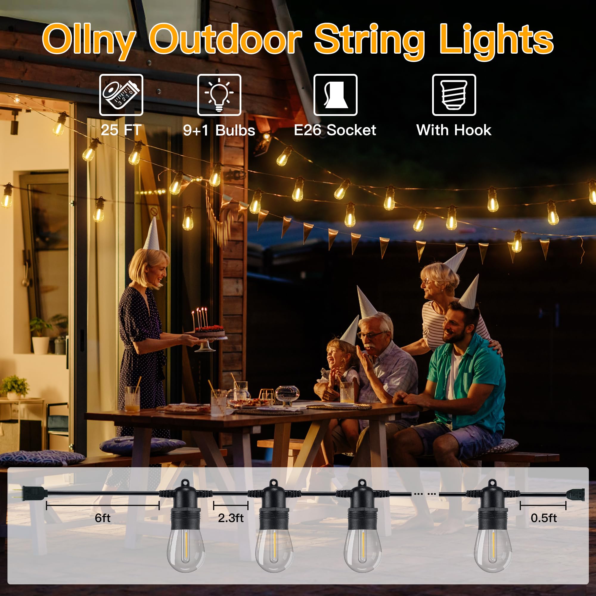 Ollny 25 FT Outdoor String Lights - Waterproof Connectable Patio Lights with 9+1 Shatterproof S14 Bulbs (1 Spare) - Perfect for Balcony, Porch, Yard, Garden & Backyard Decor - Ideal for Parties, Weddings & Outdoor Dining