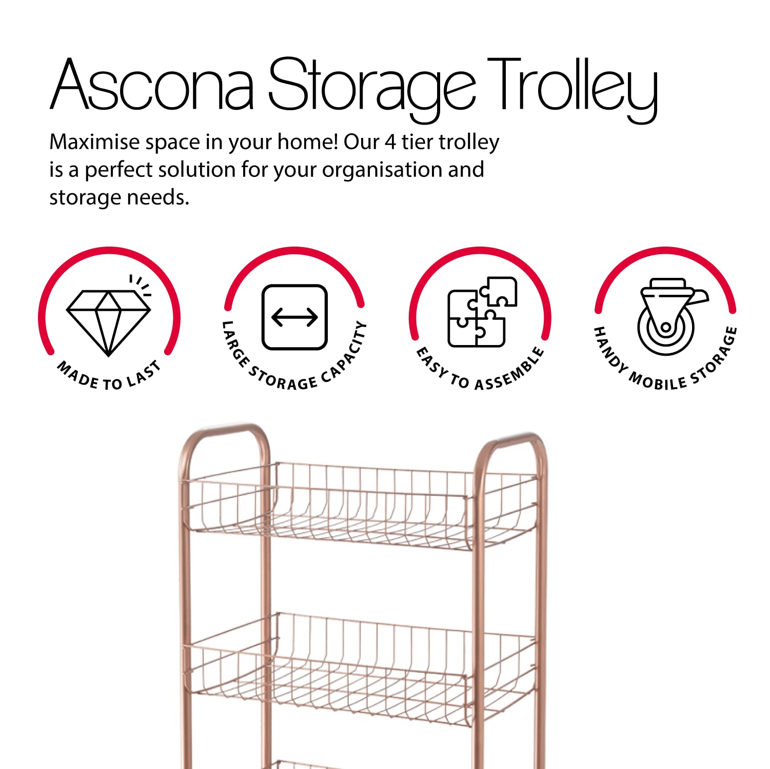 Metaltex Ascona 4-Tier Rolling Utility Cart with Wheels - Space Saving Storage Organizer for Kitchen, Bathroom, Office & Garage - Durable Polytherm Copper Finish, 41x23x84cm - Perfect for Pantry Organization, Bathroom Supplies, Office Files & Garage Tools