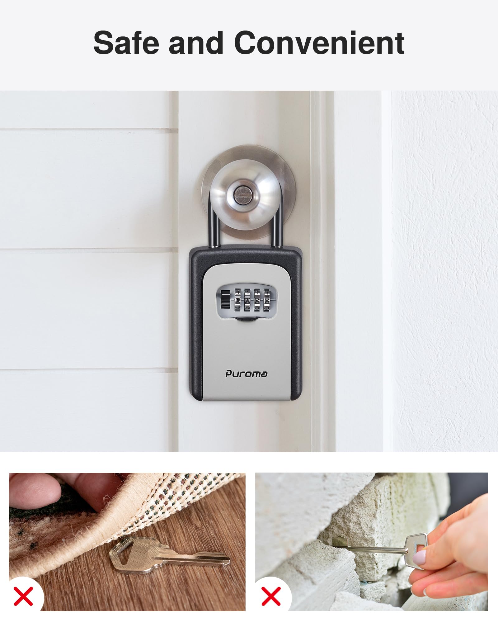 Puroma Large Key Lock Box with Resettable Combination Code - Waterproof Portable Wall Mount Security Safe for Outdoor, Home, Office - Perfect for Door Handle & House Key Storage (2 Pack, Gray) - Ideal for Vacation Rentals, Airbnb Hosts & Property Managers