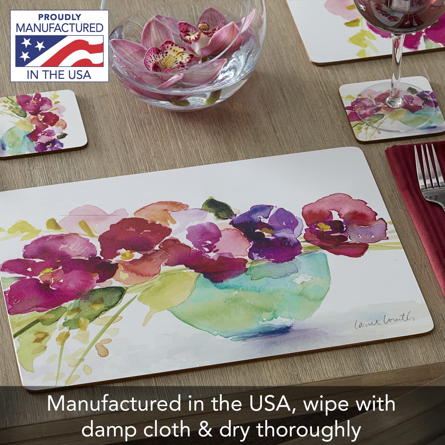 Bowl of Blooms Decorative Hardboard Cork Back Tabletop Placemats - Set of 4 - Heat Resistant & Easy to Clean - Made in USA - Perfect for Dining Tables, Kitchen Countertops & Home Decor