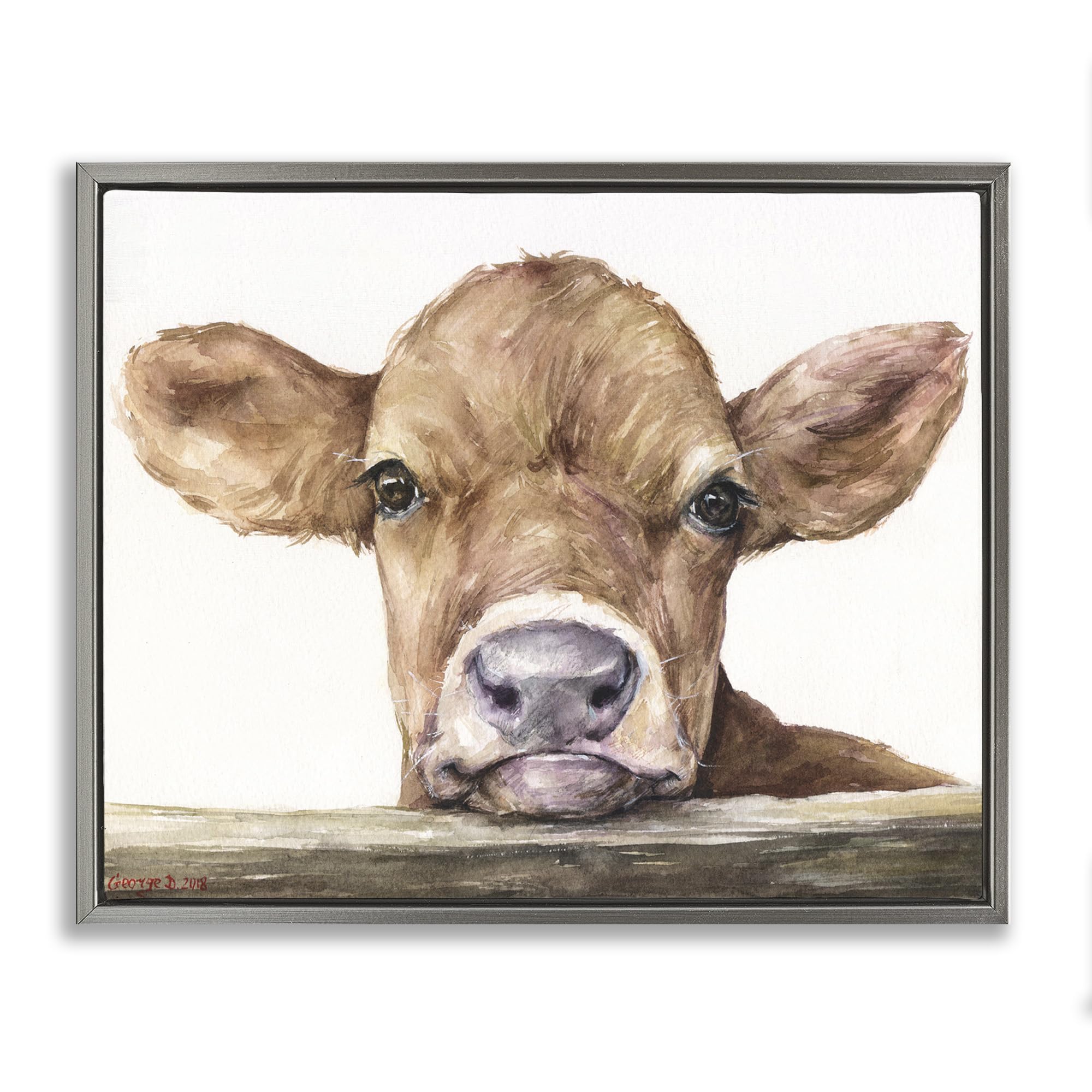 Stupell Industries Cute Baby Cow Watercolor Painting - Framed Floater Canvas Wall Art by George Dyachenko - Perfect for Nursery, Kids Room & Farmhouse Decor