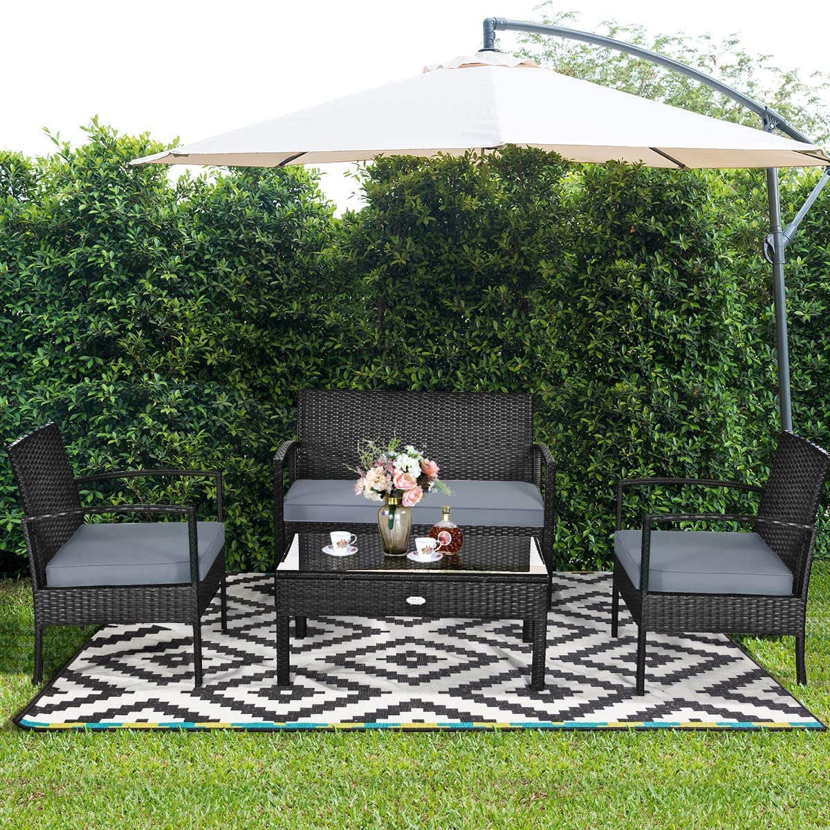 Hysache 4-Piece Outdoor Patio Rattan Conversation Set with Coffee Table & Padded Cushions - Wicker Furniture for Garden, Lawn, Courtyard, Balcony - Perfect for Relaxing, Entertaining & Outdoor Dining