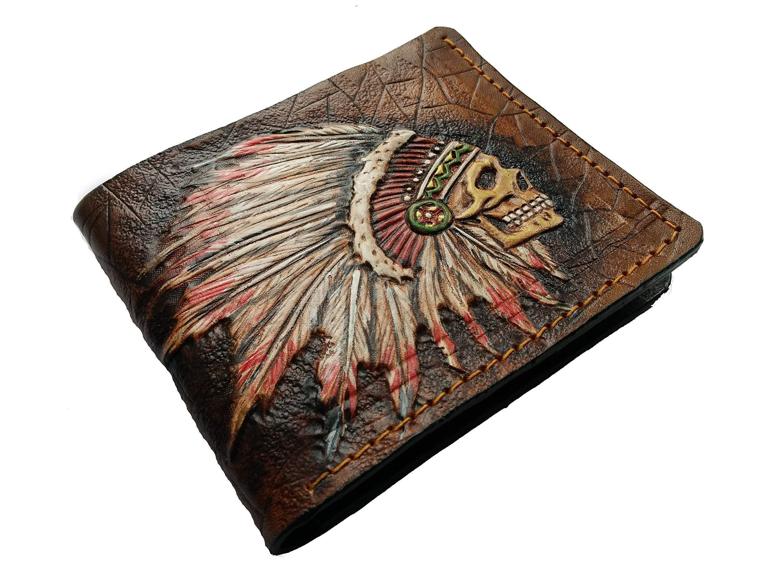 Patriotic Native American Indian Chief Skull RFID Bifold Wallet for Men - Genuine Leather Biker Wallet with Tribal Apache Skull & Feather Headdress Design - Handmade Embossed Leather Purse with Airbrush Art - Perfect for Motorcycle Riders, Gift Giving & Everyday Use