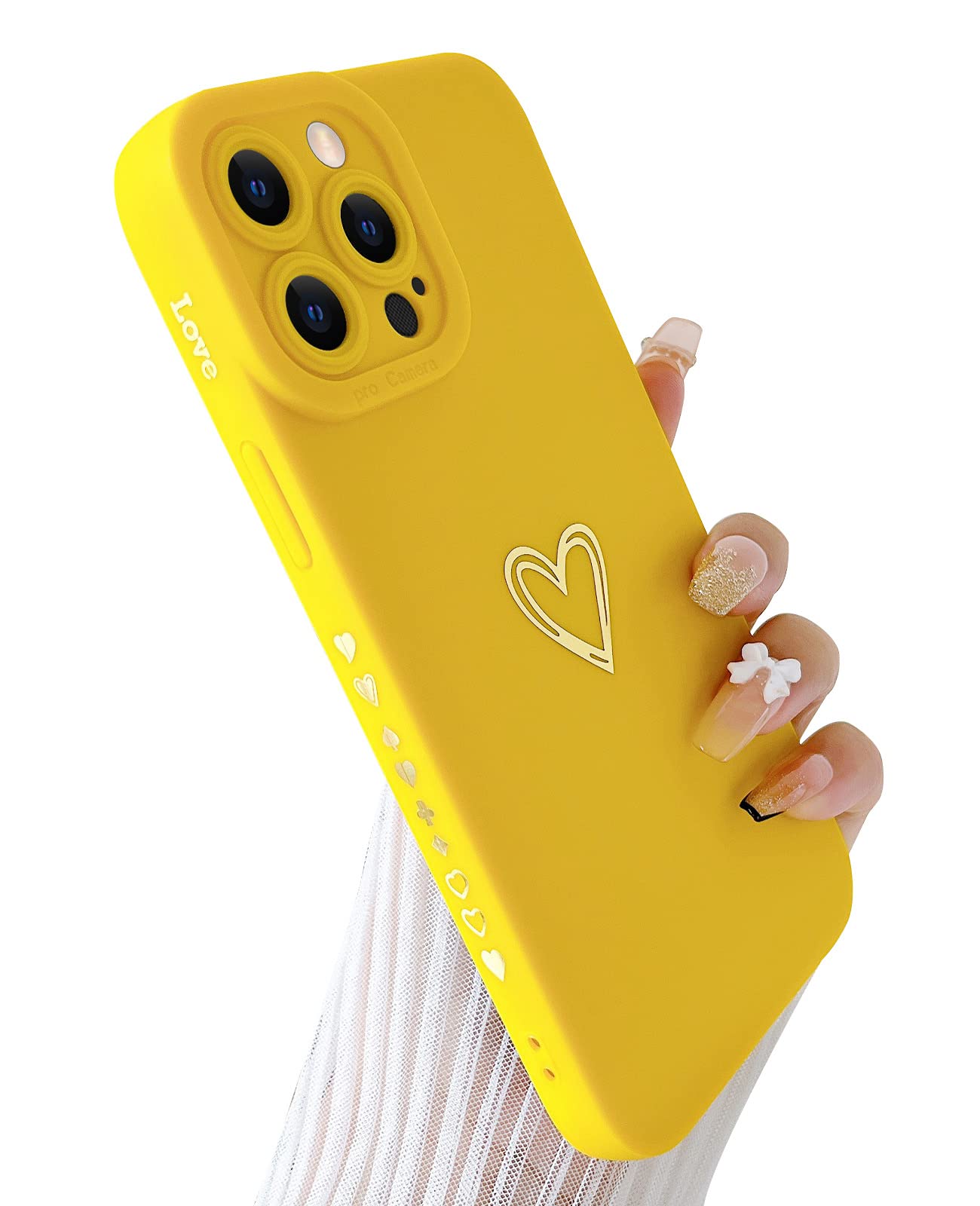 Luxury Heart iPhone 13 Pro Max Case for Women - Cute Bronzing Side Pattern, Soft TPU Shockproof Cover with Full Camera Protection (Yellow) | Perfect for Everyday Use, Gift Giving & Fashion Protection
