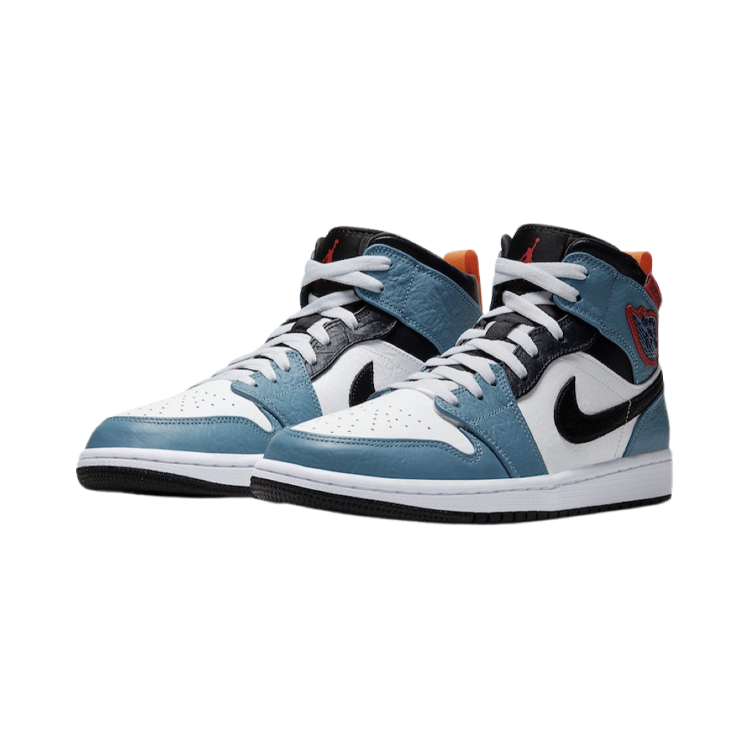 Air Jordan 1 Mid Fearless Facetasm Sneakers - White/Black/Celestial Teal/Dark Obsidian Basketball Shoes for Men | Streetwear Fashion & Casual Wear