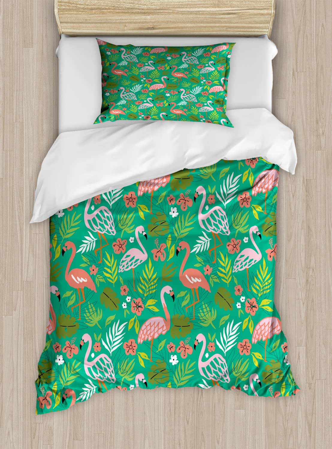 Ambesonne Tropical Duvet Cover Set - Queen Size 2-Pack with 2 Duvet Covers & 4 Pillowcases | Caribbean Style Flamingo Print in Sea Green & Salmon | Breathable Bedding for Beach House, Guest Room & Tropical Themed Decor
