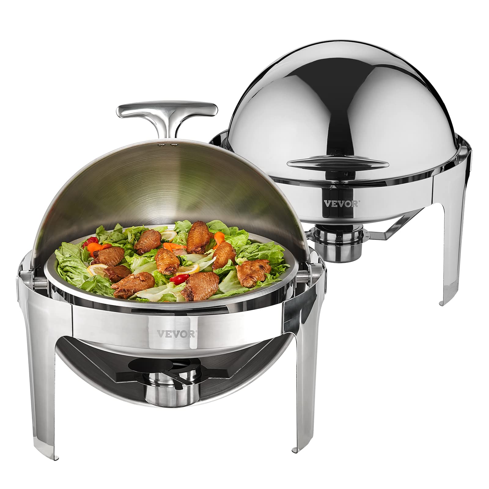 VEVOR 6 Qt Stainless Steel Roll Top Chafing Dish Buffet Set (2 Pack) - Includes 2 Full Size Pans, Lids, Water Pan Stand & Fuel Holder - Perfect for Catering, Buffets, Parties & Serving 5+ People