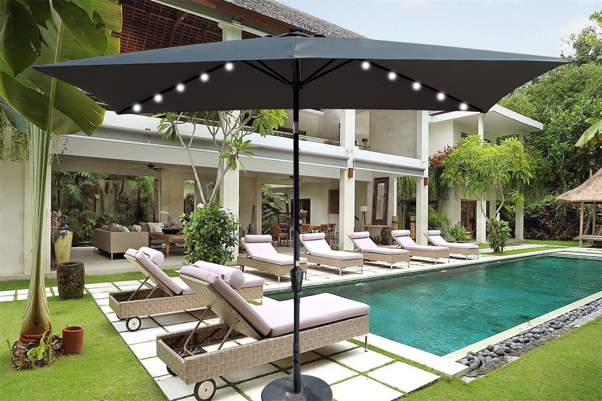 10x6.5ft Solar Powered LED Patio Umbrella with Crank & Tilt - 26 LED Lights, Fade-Resistant Polyester Canopy, 6 Heavy Duty Ribs - Perfect for Outdoor Dining, Poolside Lounging, Backyard Parties & Garden Relaxation (Anthracite)
