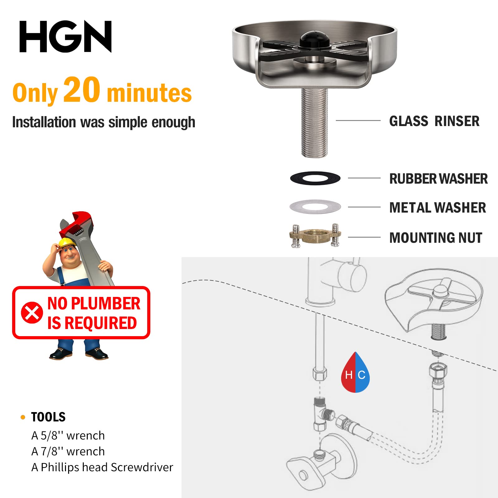 Premium Stainless Steel Glass Rinser & Bottle Washer for Kitchen Sinks - Brushed Nickel Finish | Ideal for Washing Wine Glasses, Baby Bottles & Kitchen Utensils | Durable Sink Accessory