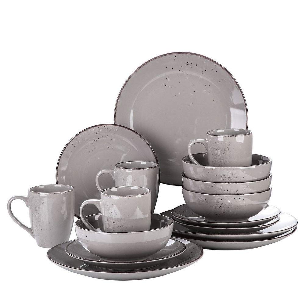 16-Piece Vintage Ceramic Stoneware Dinnerware Set - Heavy Duty Dishwasher & Microwave Safe, Scratch Resistant - Light Grey Plates, Bowls & Mugs for 4 - Perfect for Family Dinners, Entertaining Guests & Everyday Use