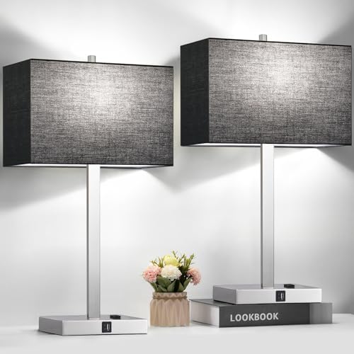 Black Linen& Brushed Nickel(Base)-Two 5000K Bulbs Included