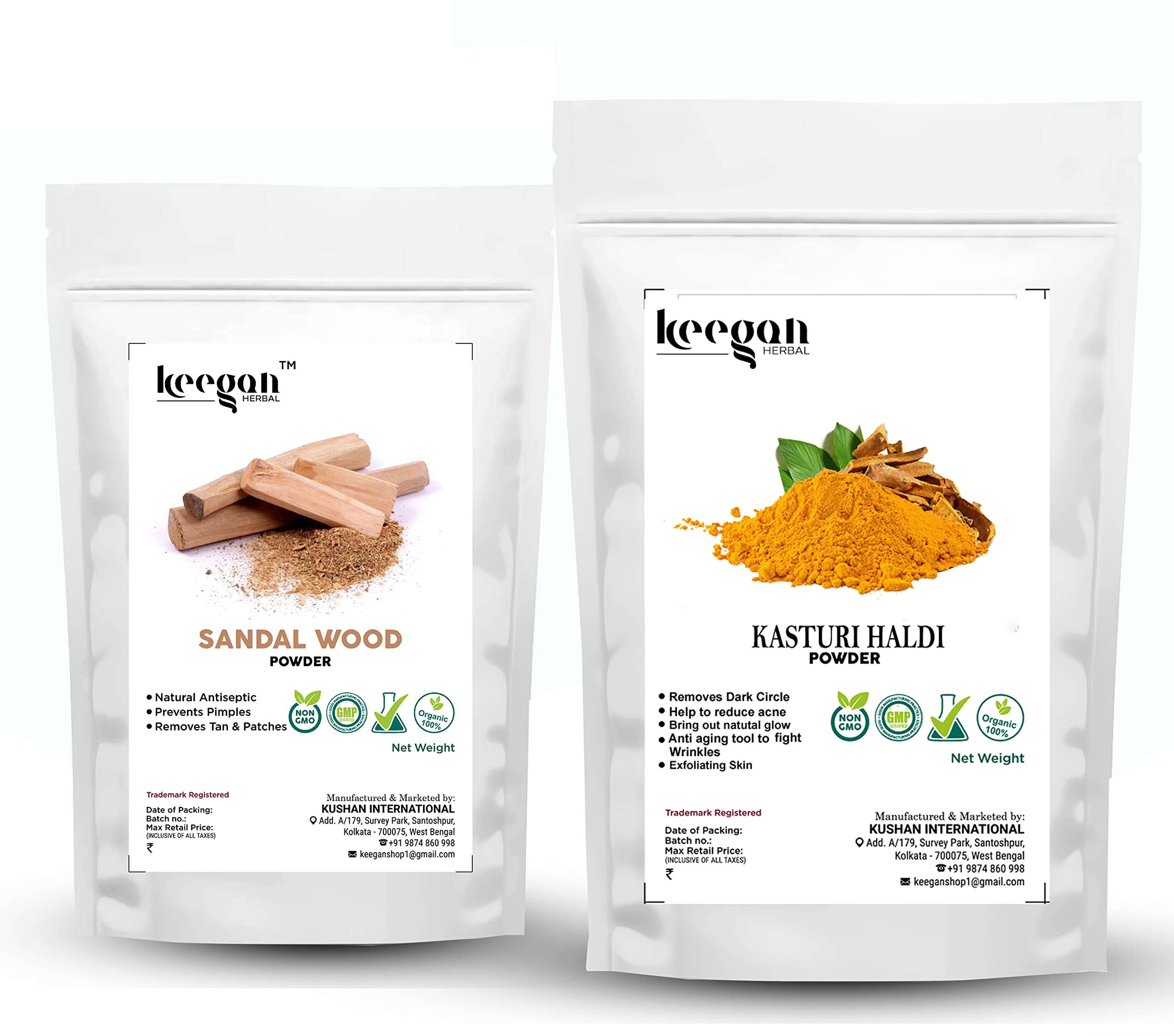 Keegan Herbal Natural & Pure Kasturi Haldi Turmeric Powder and Sandalwood Powder for Face & Skin Care - 100g Each | Brightening Glow Treatment, Ayurvedic Beauty Routine, DIY Face Masks & Spa Day Essentials