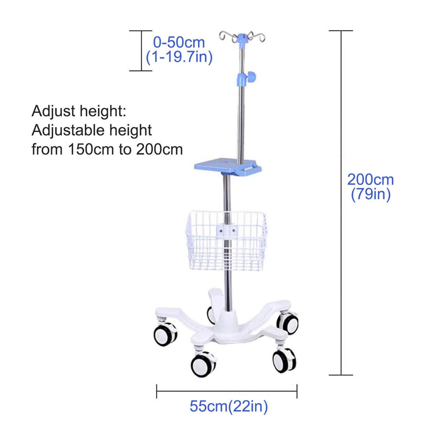 Portable IV Pole with Wheels - Adjustable IV Drip Stand with Tray, Heavy Duty Cast Iron Base & 5 Braked Casters for Hospital, Home Care & Nursing Use - Includes 4 Hooks & Air Pressure Buffer (Color: C)